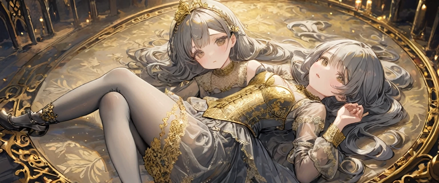 Medieval１People Girls、 Gold and silver embroidery、In underwear、Knee-length semi-transparent bloomers（With gold and silver lace）Wearing、Wearing a semi-transparent corset、 Grey translucent tights、Lying down