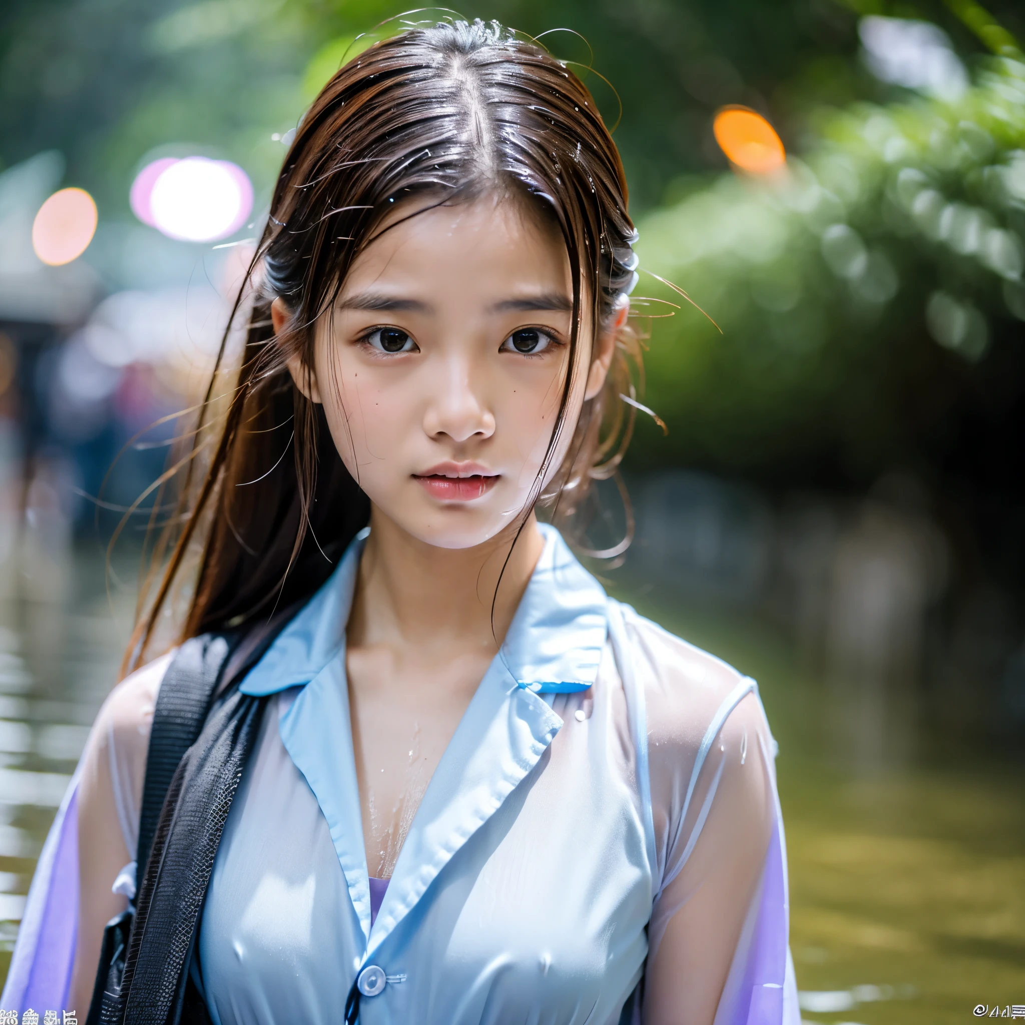 songkran,Wet roads , soaked through,drenched, Dripping, Wet Face,Wet clothes, Wet Skin, Wet Hair,A young woman with a cute face like an idol,chest,(chestの谷間),(chest元が見えるデザインの服),cling,RAW Photos,Genuine,Genuine,High resolution,RAW Photos,masterpiece, Genuineistic, beautiful