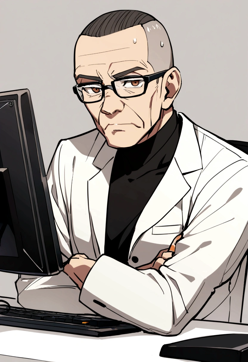 60 year old man with crew cut, brown eyes, black glasses, black high collar long sleeve shirt, white jacket, work in computer