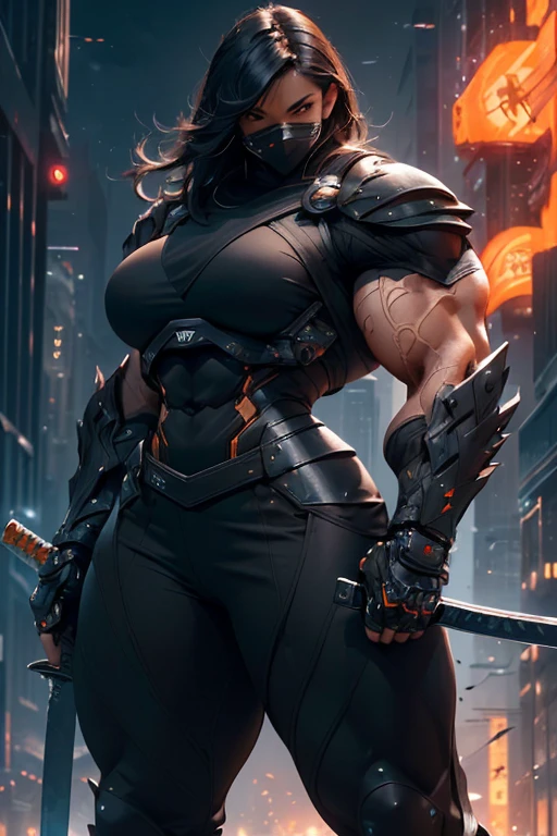 ((((Massive, beautiful, buff, muscular pale white skinned female ninja with cyan hair, black lipstick, ginormous bulky muscles, holding a cyan fire sword and wearing a cyan cybernetic ninja armor with pants)))), (close view), black eyeliner, massive muscles, large breast, massive biceps, hyper muscle triceps, (long beachy hair), purple eyes, mask, ninja boots, In a futuristic city, steel ninja armor, nighttime, closed smile, hyper muscles arms, hyper muscle legs, ginormous arms