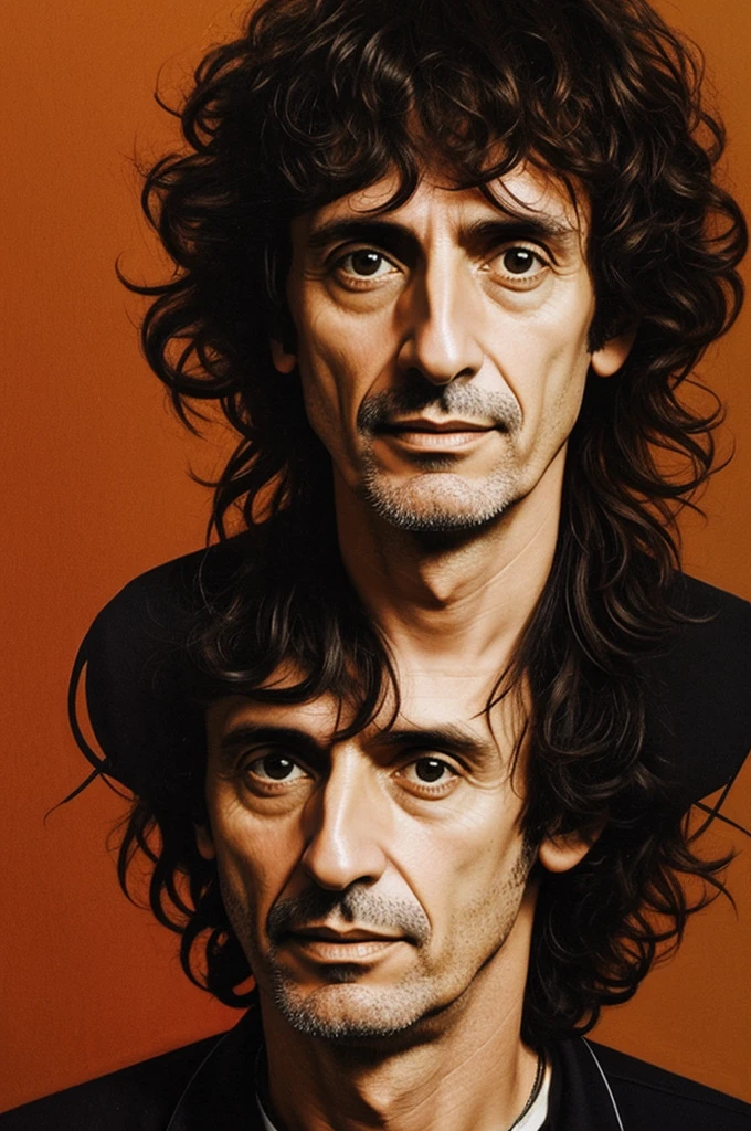 Generate an oil portrait type image for me, where Fito Paez appears, Gustavo Cerati, Luis Alberto Spinetta and Charly Garcia
