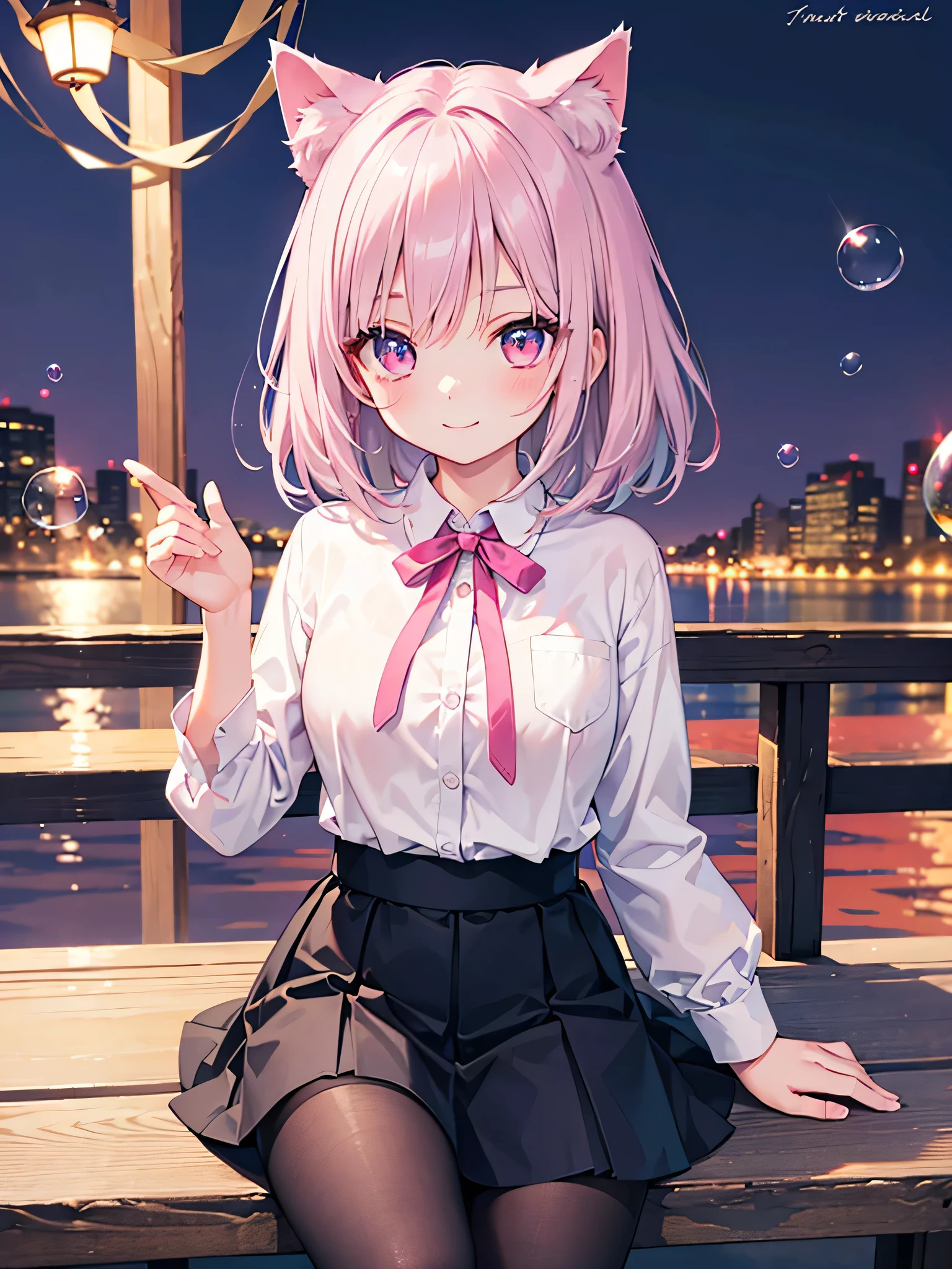 masterpiece,highest quality,Highly detailed face,fine grain,Waterfront,Bubble,Sparkling eyes,Highlighted eyes,Medium chest,pretty girl,smile,Cat ear,Beautiful silver hair,Pink inside,Beautiful pink eyes,Oversized shirt、skirt、black tights