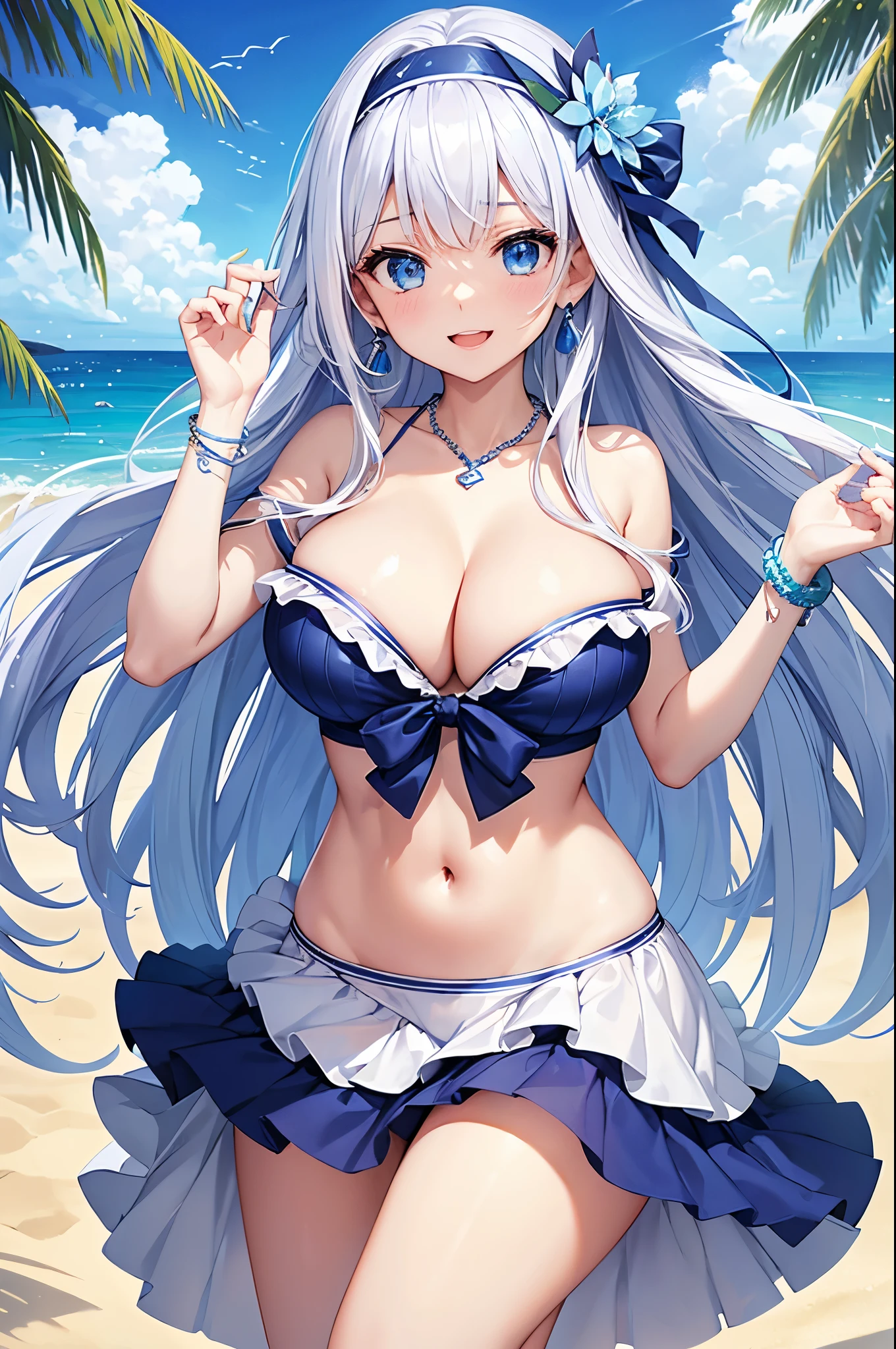 Highest quality、Highest quality、masterpiece、Beauty、Navy blue long hair、blue eyes、Sexy White Bikini(Dark stripes)、Big cleavage、(Big Breasts)、smile、blue necklace、Blue Earrings、background(Beach)、Please open your mouth wide、White headband、bracelet、Dynamic pose