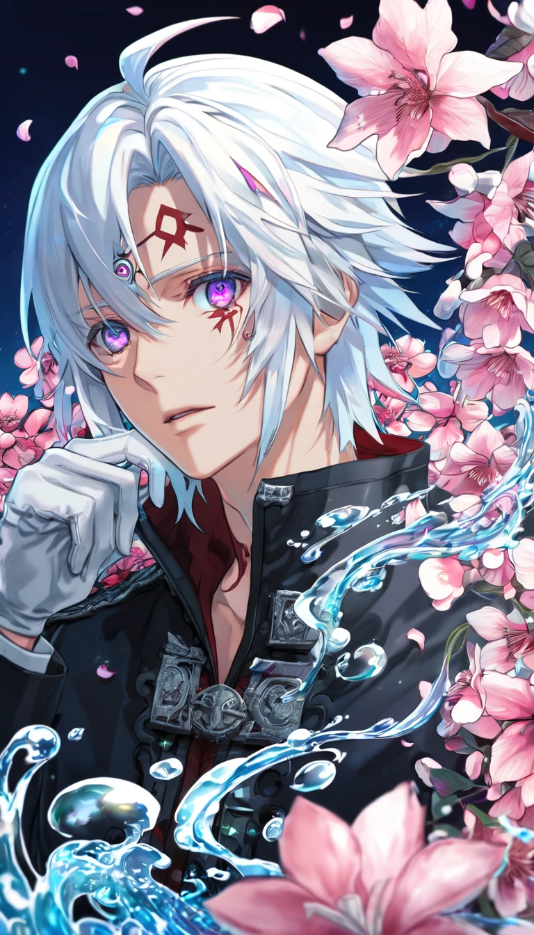 Ultra detailed, highres, absurdres, HDR, master piece, Allen Walker, white hair, hair between the eyes, short hair, expressive purple eyes, black jacket, white gloves, D.Gray-Man, fantasy, pink petals, water, pink flowers, handsome, sexy man, solo, magical, best quality, extremely detailed face, blossoms, red mark on his forehead, blue shining fireflies