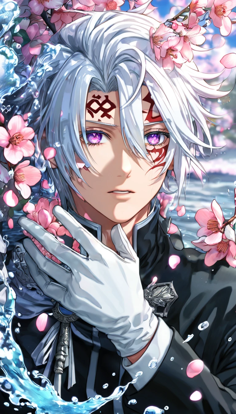 Ultra detailed, highres, absurdres, HDR, master piece, Allen Walker, white hair, hair between the eyes, short hair, expressive purple eyes, black jacket, white gloves, D.Gray-Man, fantasy, pink petals, water, pink flowers, handsome, sexy man, solo, magical, best quality, extremely detailed face, blossoms, red mark on his forehead, blue shining fireflies