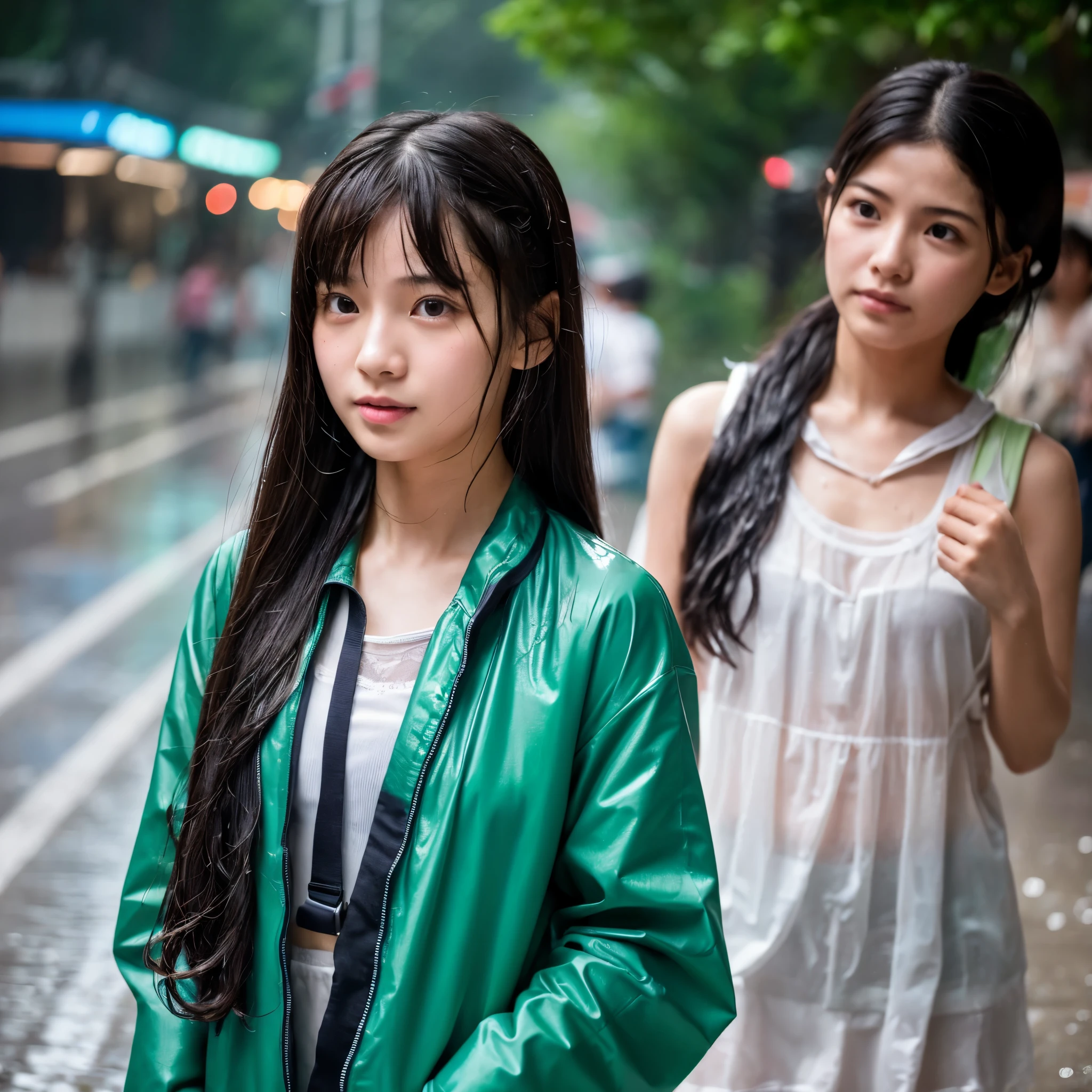 songkran,Wet roads , soaked through,drenched, Dripping, Wet Face,Wet clothes, Wet Skin, Wet Hair,A young woman with a cute face like an idol,chest,(chestの谷間),(chest元が見えるデザインの服),cling,RAW Photos,Genuine,Genuine,High resolution,RAW Photos,masterpiece, Genuineistic, beautiful