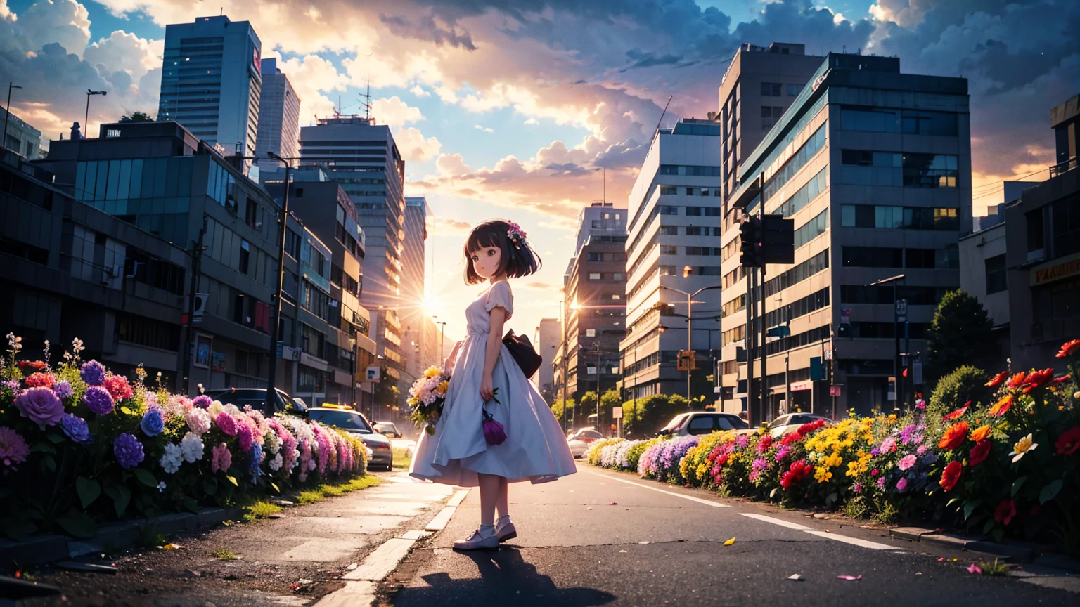 A vibrant flower blooms on the dirty ground of a large gray avenue. A crowd of gray, soulless people crosses the streets. A colorful , glowing with bright hues, stands protectively over the flower, protecting it with her little hands and determined eyes. Sunlight breaks through the dark clouds. Studio Ghibli style