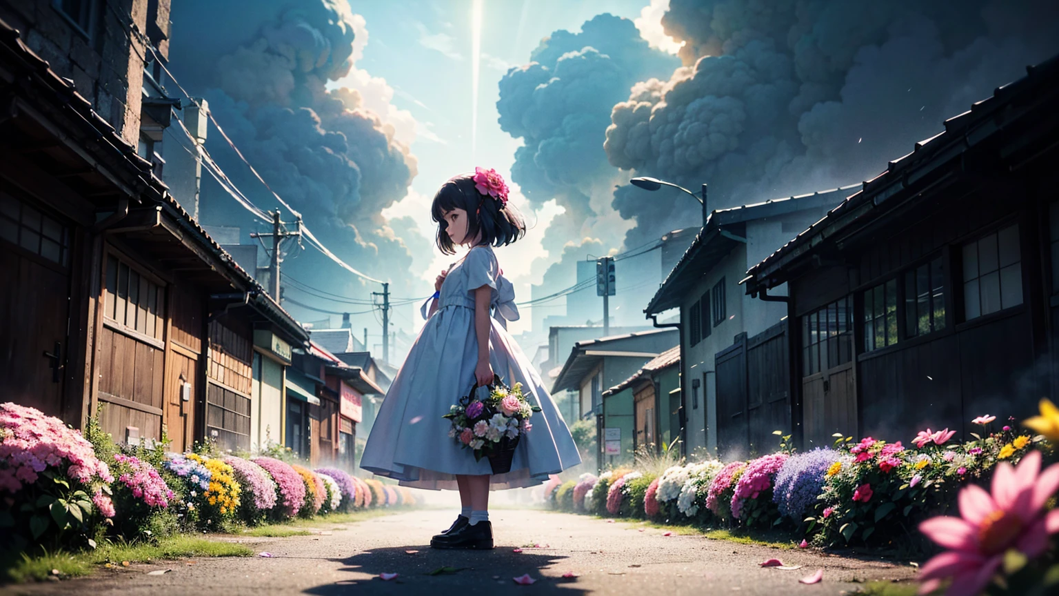 A vibrant flower blooms on the dirty ground of a large gray avenue. A crowd of gray, soulless people crosses the streets. A colorful , glowing with bright hues, stands protectively over the flower, protecting it with her little hands and determined eyes. Sunlight breaks through the dark clouds. Studio Ghibli style