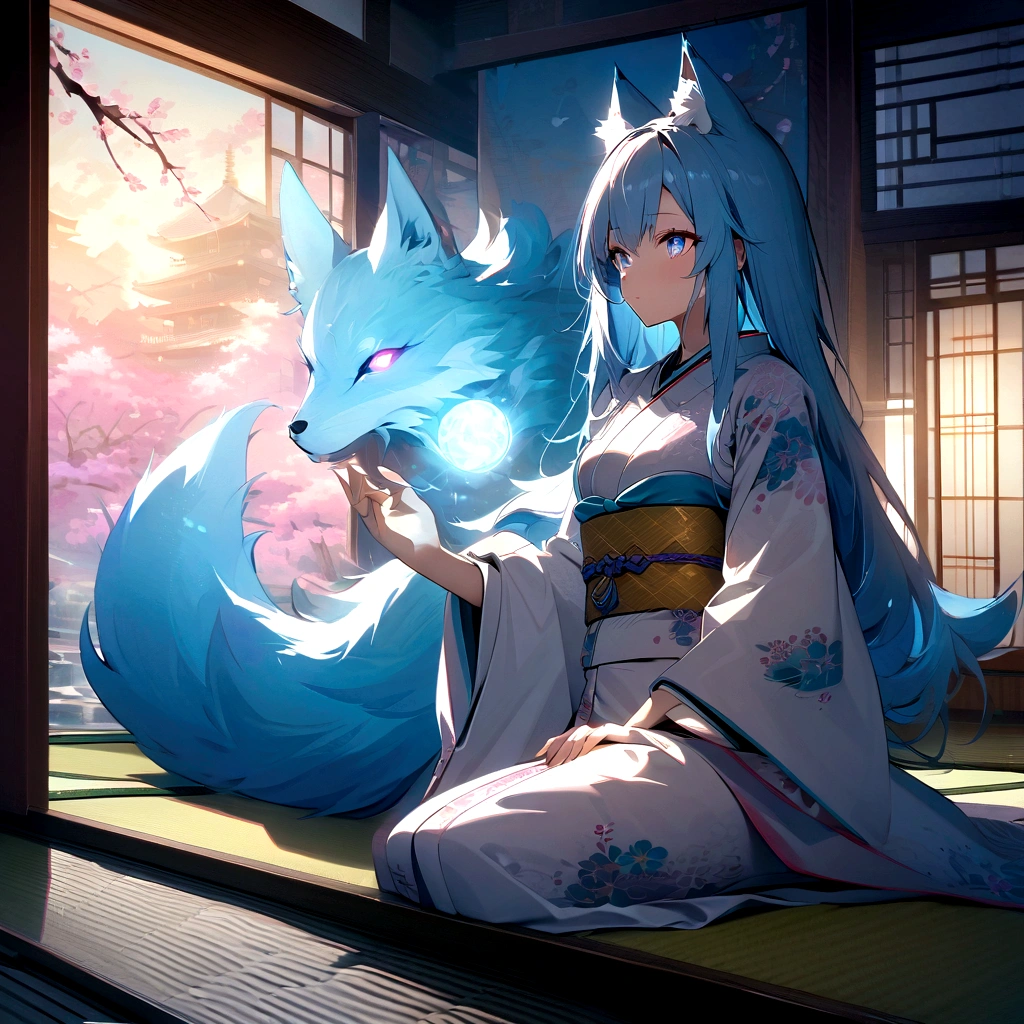 fox Light blue hair beast girl indigo fur fox beast girl Wallpaper 4k,8k,highly detailled,,vivid colors,detailed kitsune with 9 tails,traditional Japanese artwork,tatami floor,beautiful cherry blossoms,floating lanterns,dark silhouette of a pagoda,subtle moonlight,dense forest,ethereal atmosphere,dappled sunlight,whimsical spirit,serene expression,elaborate kimono and obi,delicate hand-painted details,luminous eyes Anime Style fox blue White-faced golden-haired nine-tailed fox Coat blue mysterious background Blue Flame girl have a ball of light