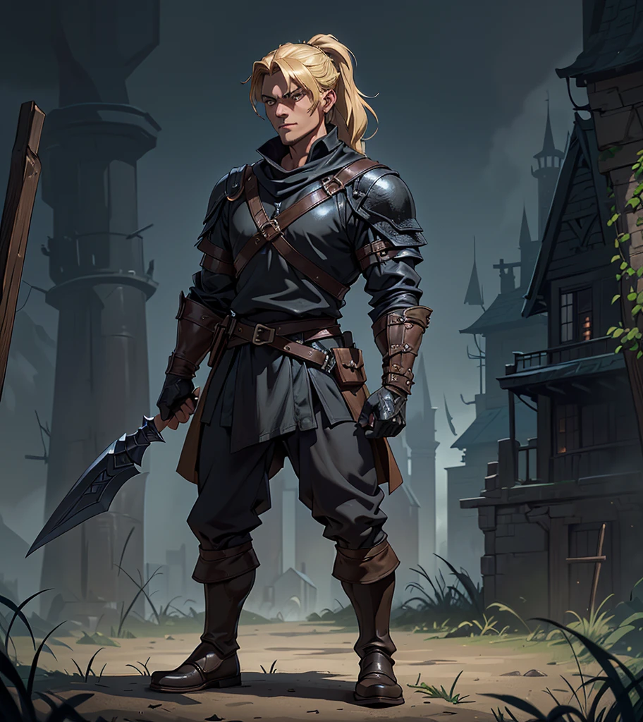 (((Solo character image.))) (((Generate a single character image.)))  (((Dressed in medieval fantasy attire.))) (((Very sexy facial expression.))) (((Dressed in medieval fantasy attire.))) (((Looks like Adonis.))) (((Appears to be 20 years old with youthful looks.))) (((Dark and sinister background at night.))) (((Alpha male))) (((Solo character image.))) (((Generate a single character image.))) Dark fantasy art, (((Dark, night time background.))) (((Strong elements of dark medieval fantasy.))) (((Sexy and handsome male.))) (((This is an urban explorer in a dark fantasy realm.))) (((Blond hair in a ponytail.))) Night background. Dark. Eerie. Dark fantasy art, short cropped blond hair, Scoundrel. Vagabond. Miscreant. Knave. This is an urban explorer in a dark fantasy realm. Looks mysterious, wearing a black shirt, black pants and black boots. Looks like a sneaky rogue in medieval fantasy urban setting. Looks like a shady rogue in a medieval fantasy setting. Looks like a medieval fantasy male character. Looks like a male rogue for Dungeons & Dragons in a medieval fantasy setting. Wears lots of black clothing. Looks like a handsome criminal for a medieval fantasy setting. Looks shifty. Looks suspicious. Looks untrustworthy. wearing black leather medieval clothing, sneaky, rogue, muscular, gorgeous face, fantasy artwork, fantasy attire, fantasy adventurer, masterpiece:1.3,madly detailed photo:1.2, hyper-realistic lifelike texture:1.4, picture-perfect:1.0,8k, HQ,best quality:1.0, (masterpiece,fantasy,art, best quality, unreal engine, 8k, ultra HD, centered image, absurdres