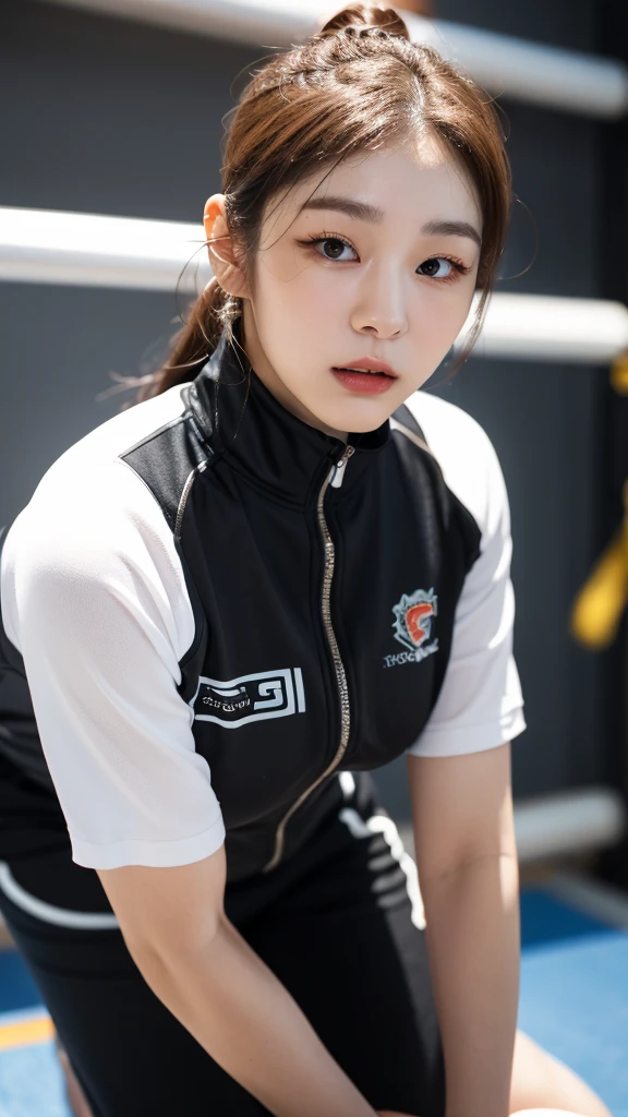 Highly detailed CG Unity 8K wallpapers,top Quority,Super detailed,tmasterpiece,realisticlying,photograph realistic,Very detailed cute girl,25 age old,musculature,Microabs,Round eyes,peeping at the viewer,Be red in the face,parted lip,Half-body shooting,
track suit , gym room,