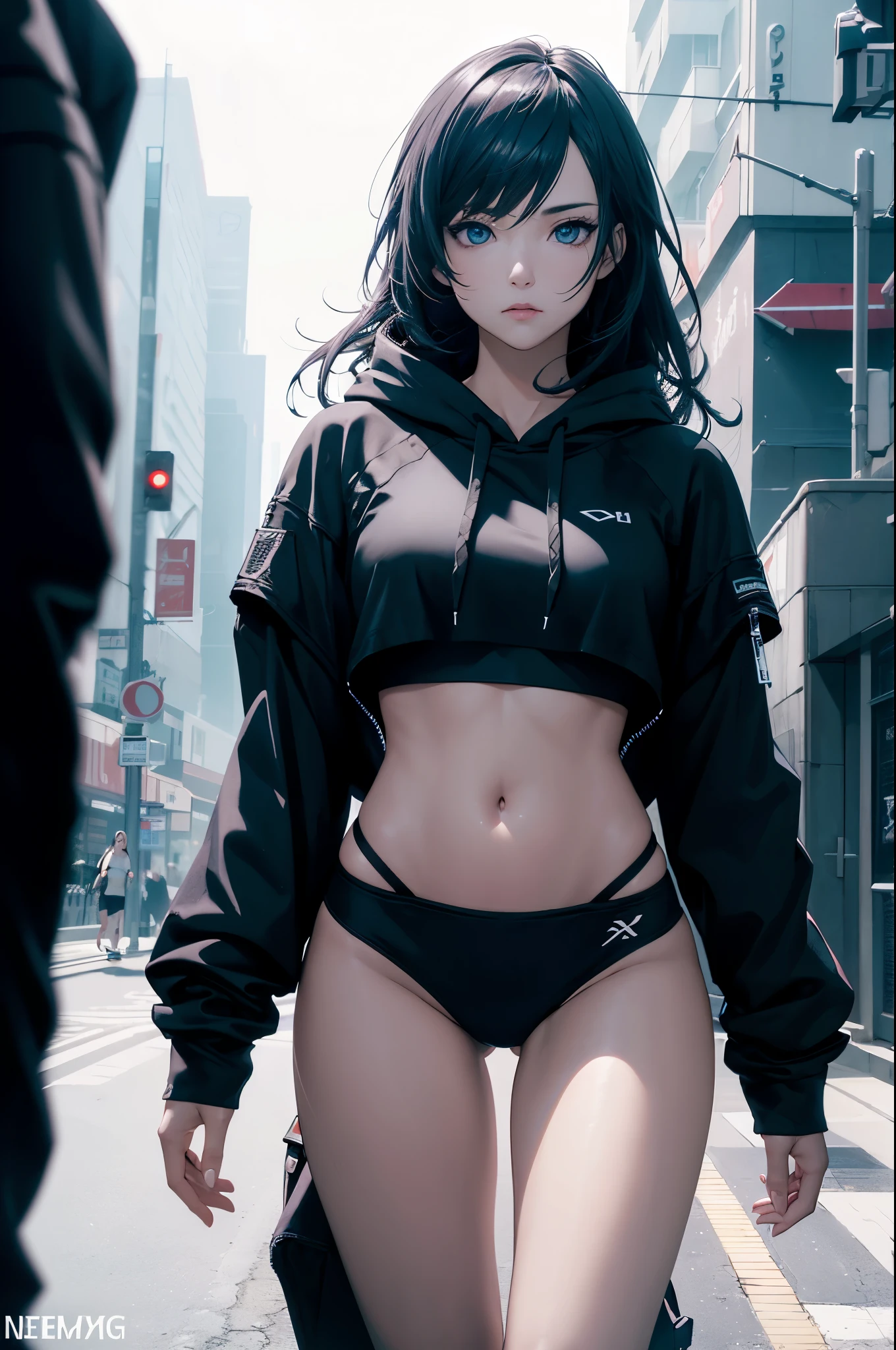 1girl, ((wearing top crop hoodie)), very thin modern bra, bottomless,  stripes panties, advance hi-tech watch, long blue hair, walking in the night street city, (futuristic setup),(masterpiece), best quality, expressive eyes, perfect face, Details++, joints, navel, robot joints, cyberpunk, android, science fiction, robot skin, cyborg, robotskin, xmech, 3d, (8k), detailed texture,(hyperdetailed), (photo realistic), cinematic light, cinematic action, highly detailed, realistic, Isometric, full body, in frame, driven expression, dark theme, (extremely detailed eyes), detailed symmetric realistic face, extremely detailed natural texture, masterpiece, extremely detailed, amazing, fine detail, rich colors, hyper realistic lifelike texture, dramatic lighting, unreal engine, trending on art station, photo realistic, RAW photo, high quality, high res, sharp focus, extremely detailed, cinematic lighting, 8k, high definition, cinematic, neoprene, unreal engine 5, ultra sharp focus