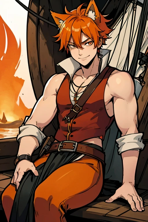 An orange haired fox man with orange eyes and orange fox ears and an orange fox tail in a pirate's outfit is sitting on a barrel on a pirate ship with a big smile
