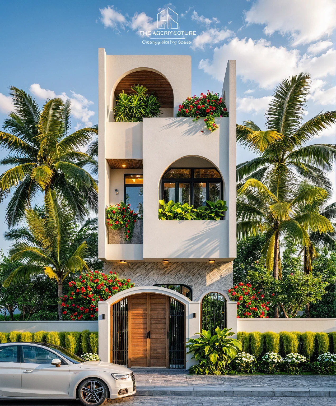 Masterpiece, high quality, best quality, authentic, super detailed, outdoor, aiaigroup, modern 2-storey townhouse style, stairs, white wall combined with wood, wind encaustic tiles, iron gate, ceiling conwood, flowers, path, summer evening, grass, trees, sky, clouds, (daylight: 1.1)