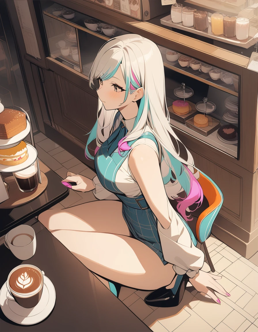 One girl,Drink coffee, Multicolored Hair, Shoulder-length hair, Retro costumes, High heels, Sideways glance, Sitting, Hyper Pop, Cafe,cake、 Retro feel, overview, masterpiece, Highest quality,