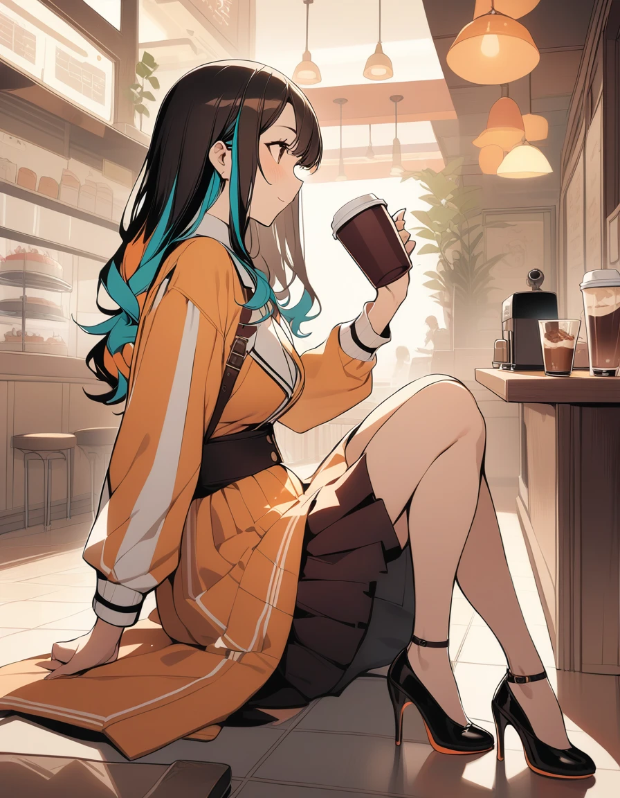 One girl,Drink coffee, Multicolored Hair, Shoulder-length hair, Retro costumes, High heels, Sideways glance, Sitting, Hyper Pop, Cafe,cake、 Retro feel, overview, masterpiece, Highest quality,