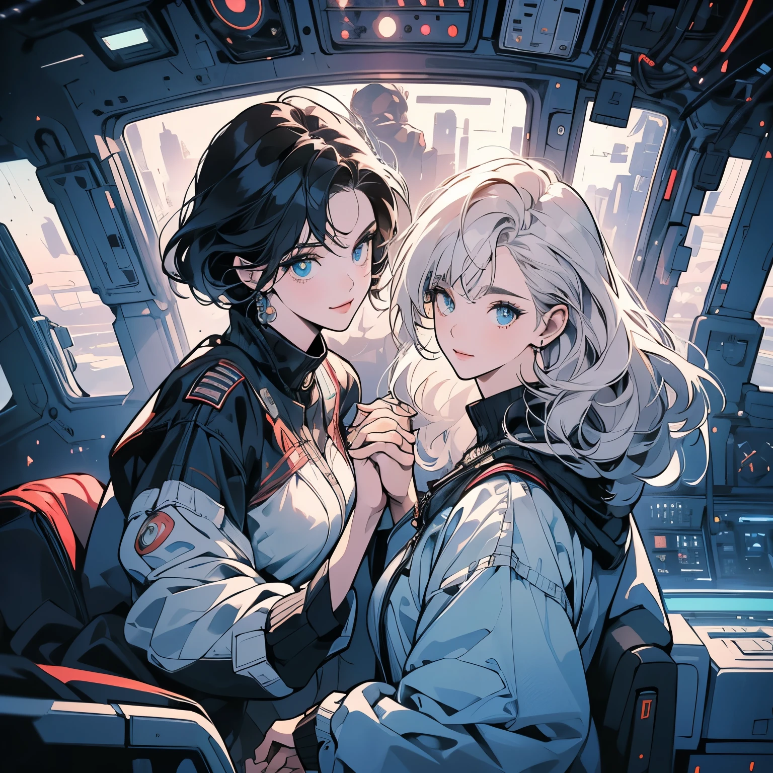One beautiful (((Two women holding one hands))), inside a spaceship, perfect machine, spacesuit, looking at camera, perfect face, zero gravity, outer space, lots of wires, switchboard, perfect and detailed machine, robot, detailed hair, (((Various angles))), cockpit, most beautiful woman alive, head shot , Super detailed background, top quality, Unique and beautiful eyes, Various unique hairstyles, Ghost in the Shell, Long shot, Panorama, (((Various eye color))), Outer space in the background, Unique and perfect face, Pale Lighting, shoot from above, (((ground level shot))), (((stylish))), (((Various eye colors)))