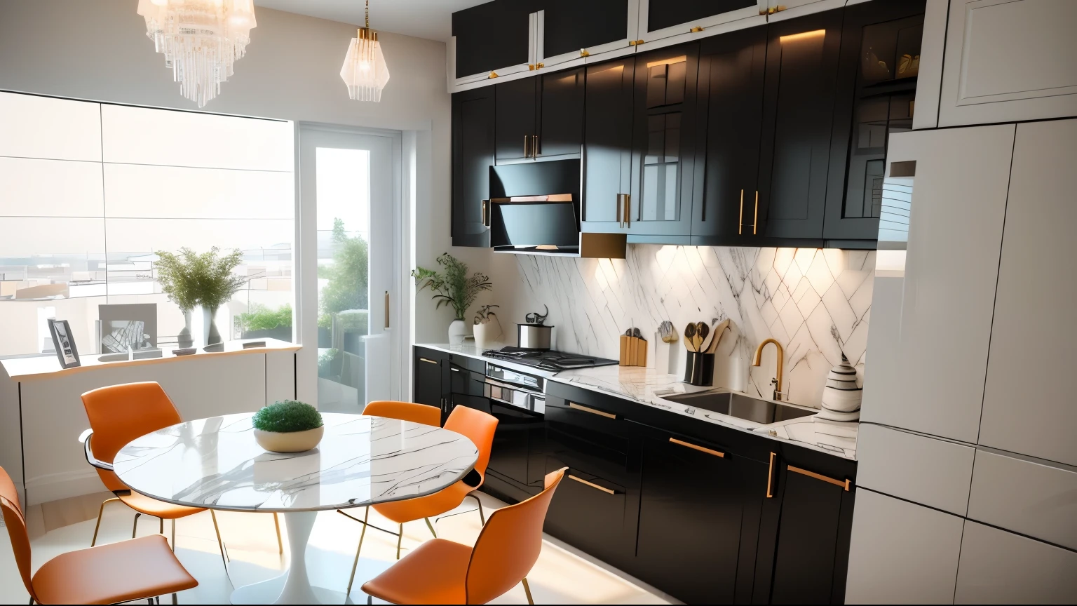 there is a drawing of a kitchen with a dining table and a sink, apartment design, 2 d render, 3d rendering, 3 d rendering, flat 2 d, comprehensive 2 d render, detailed rendering, very realistic 3 d render, 3d render, 3 d render, high detail 3 d render, 3 d finalrender, 3d finalrender, 3 d renders, livingroom view 22 floor plan, The upper cabinets are painted white, Kitchen cabinets under walnut, marble dining table, orange leather dining chair, Leather sofa, marble tea table, White painted plaster ceiling, decor kitchen, spotlight lightning