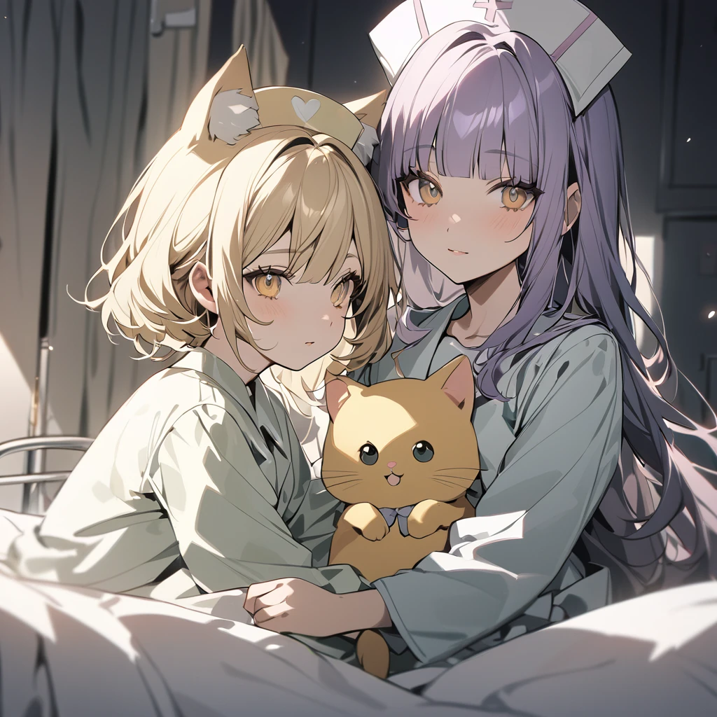 (Cute 2 girls:1.5), (masterpiece:1.3), anime visual, (one Girl lying in hospital bed, pale purple hair, blunt bangs, pajamas,:1.3 ), (other girl: Nurse hat with yellow cat ears, yellow nurse uniform, short blonde hair, golden eyes, holding a large syringe:1.3),(Lovey-dovey:1.5), (tilt head:1.3), extremely delicate face, soft clean focus, realistic lighting and shading, (an extremely delicate and beautiful art:1.3), elegant, (muted colors:1.1),