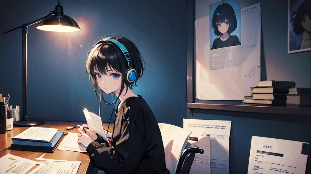 Black short Hair, Black Clothing, One Adult Woman Looking Sideways ,Blue headphones、 Delicate background、Masterpiece、night、dark、Nostalgic、night lighting、Inside the room、studying, Study