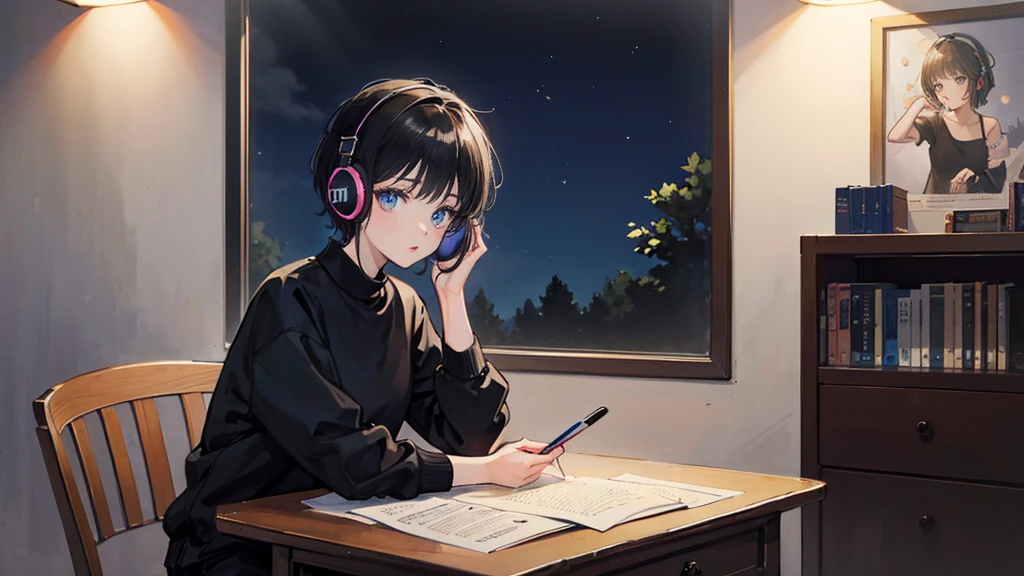 Black short Hair, Black Clothing, One Adult Woman Looking Sideways ,Blue headphones、 Delicate background、Masterpiece、night、dark、Nostalgic、night lighting、Inside the room、studying, Study