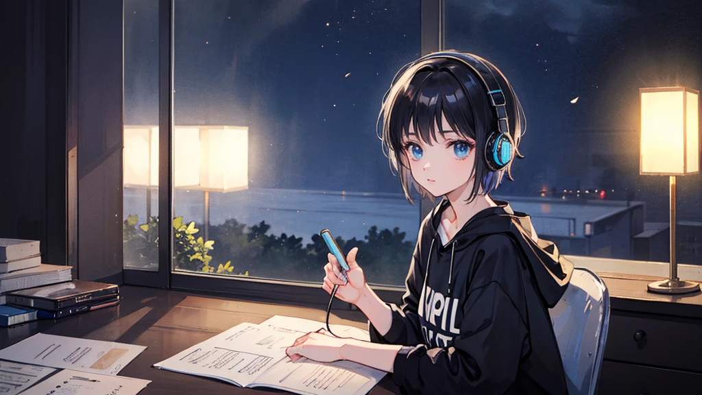 Black short Hair, Black Clothing, One Adult Woman Looking Sideways ,Blue headphones、 Delicate background、Masterpiece、night、dark、Nostalgic、night lighting、Inside the room、studying, Study