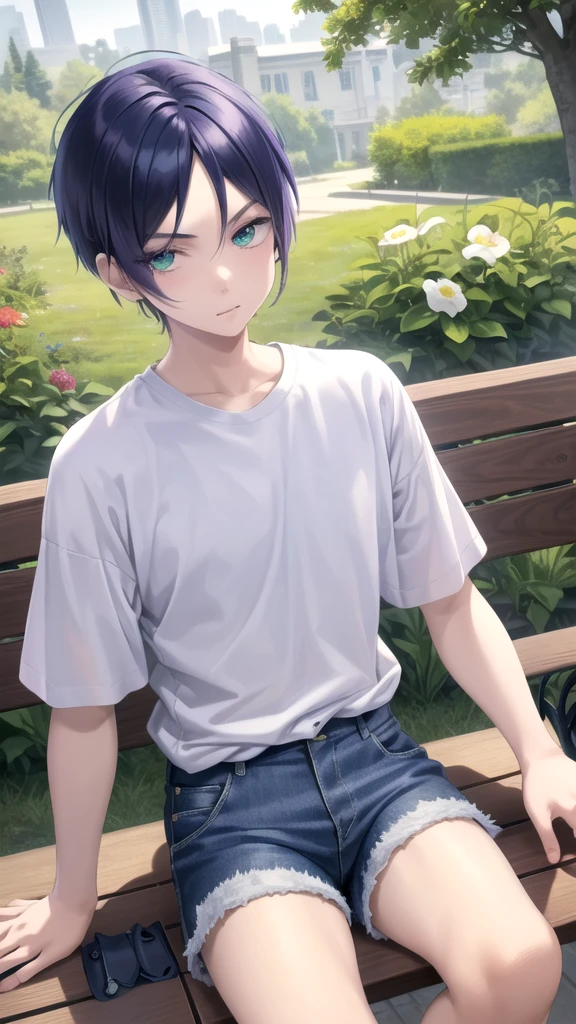 masterpiece, best quality, high quality, 1boy, solo, 14-year-old boy,evil boy,male focus, looking at viewer , purple hair, old-school swoop haircut,white shirt with short sleeves,blue jean shorts, green eyes, sitting on a bench 