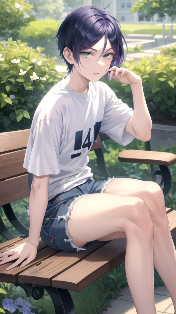 masterpiece, best quality, high quality, 1boy, solo, boy,evil boy,male focus, looking at viewer , purple hair, old-school swoop haircut,white shirt with short sleeves,blue jean shorts, green eyes, sitting on a bench