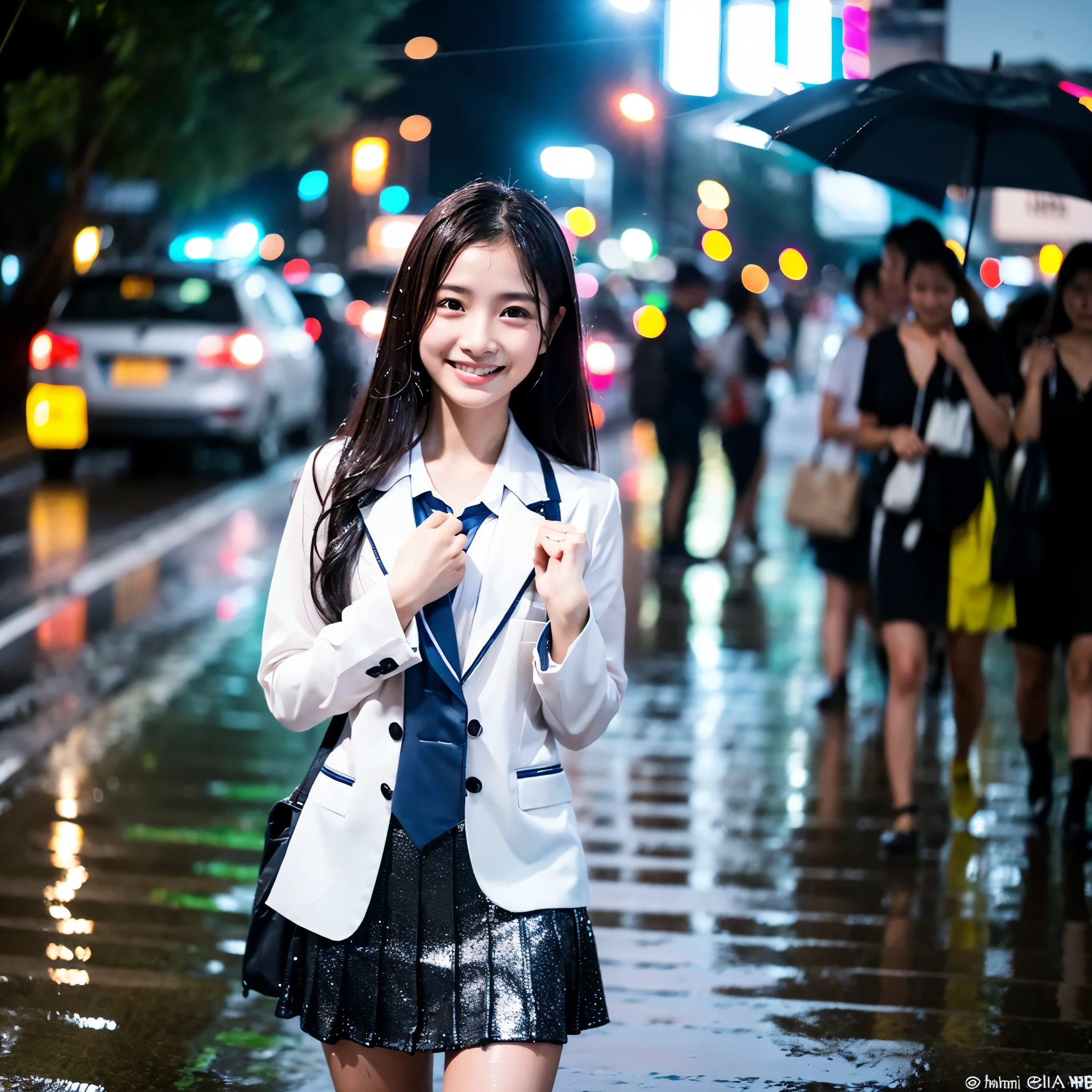 songkran,Wet roads , soaked through,drenched, Dripping, Wet Face,Wet clothes, Wet Skin, Wet Hair,A young woman with a cute face like an idol,chest,((chestの谷間)),business suit,mini skirt,cling,RAW Photos,Genuine,Genuine,High resolution,RAW Photos,masterpiece, Genuineistic, beautiful