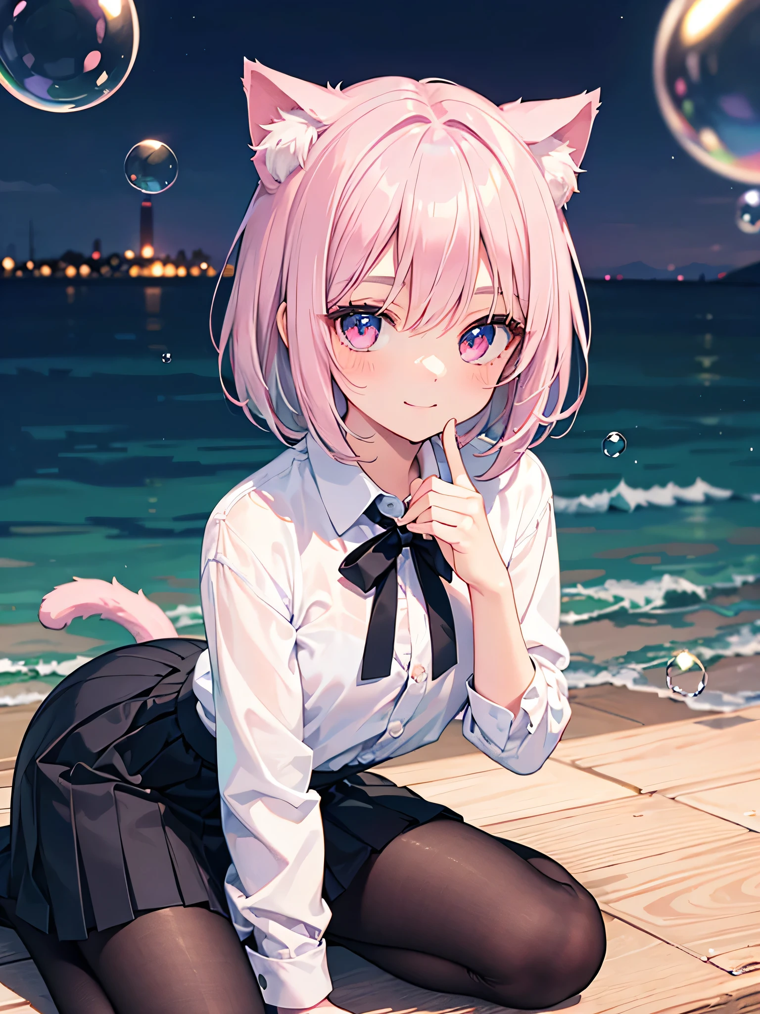masterpiece,highest quality,Highly detailed face,fine grain,Waterfront,Bubble,Sparkling eyes,Highlighted eyes,Medium chest,pretty girl,smile,Cat ear,Beautiful silver hair,Pink inside,Beautiful pink eyes,Oversized shirt、skirt、black tights