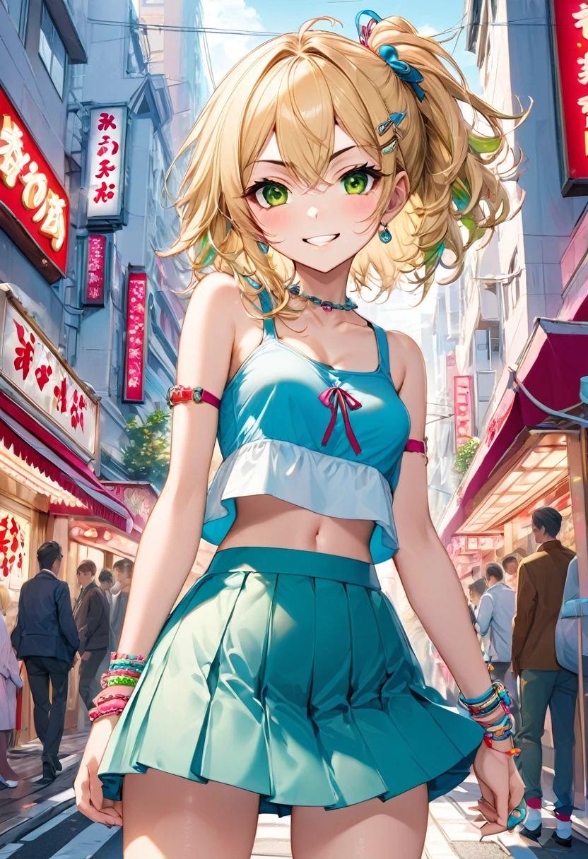 A mischievous girl with a sly grin, standing in a busy city. She has sharp, narrow eyes giving a teasing look, and her eyebrows are raised in a playful manner. She wears a  with a playful twist:, funky socks, and a few quirky accessories like bracelets and hair clips..  in the city near a love hotel.,(masterpiece:1.3),(highest quality:1.4),(ultra detailed:1.5),High resolution,extremely detailed,unity 8k wallpaper, blonde hair, green eyes, wearing a small crop top and a tight skirt