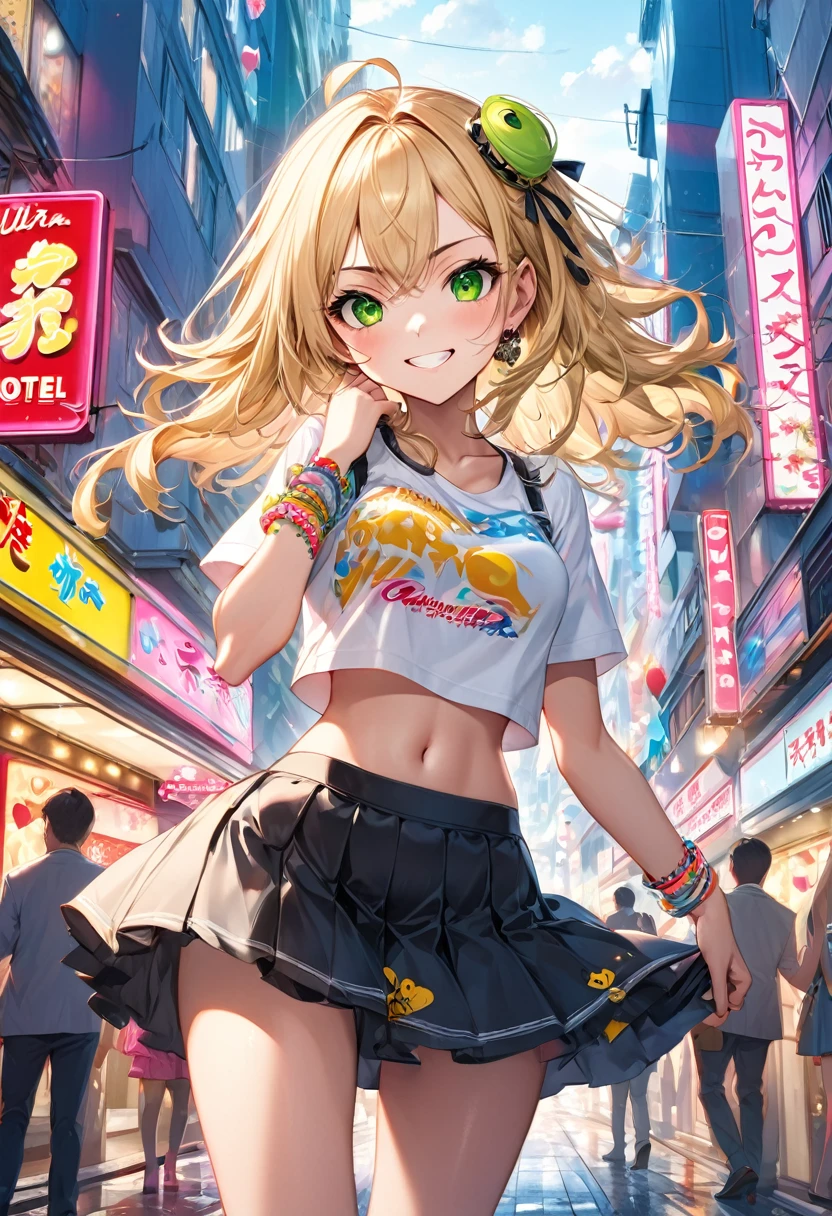 A mischievous girl with a sly grin, standing in a busy city. She has sharp, narrow eyes giving a teasing look, and her eyebrows are raised in a playful manner. She wears a  with a playful twist:, funky socks, and a few quirky accessories like bracelets and hair clips..  in the city near a love hotel.,(masterpiece:1.3),(highest quality:1.4),(ultra detailed:1.5),High resolution,extremely detailed,unity 8k wallpaper, blonde hair, green eyes, wearing a small crop top and a tight skirt