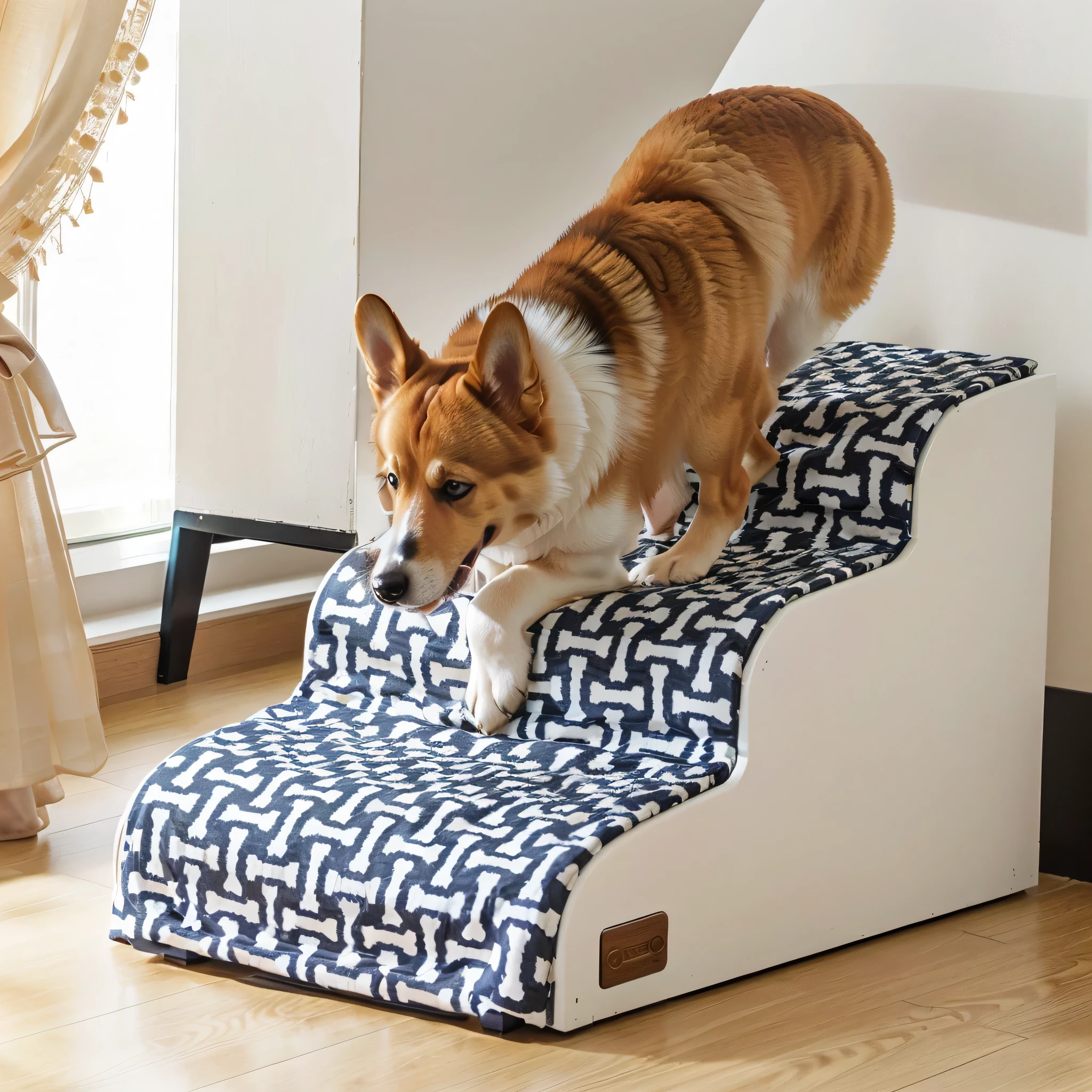 There is a dog standing on the pet stairs, Corgi, Designed for comfort and aesthetics!, ,Japanese interior decoration style,The sun shines in,Natural light and shadow,High-end,A warm background
