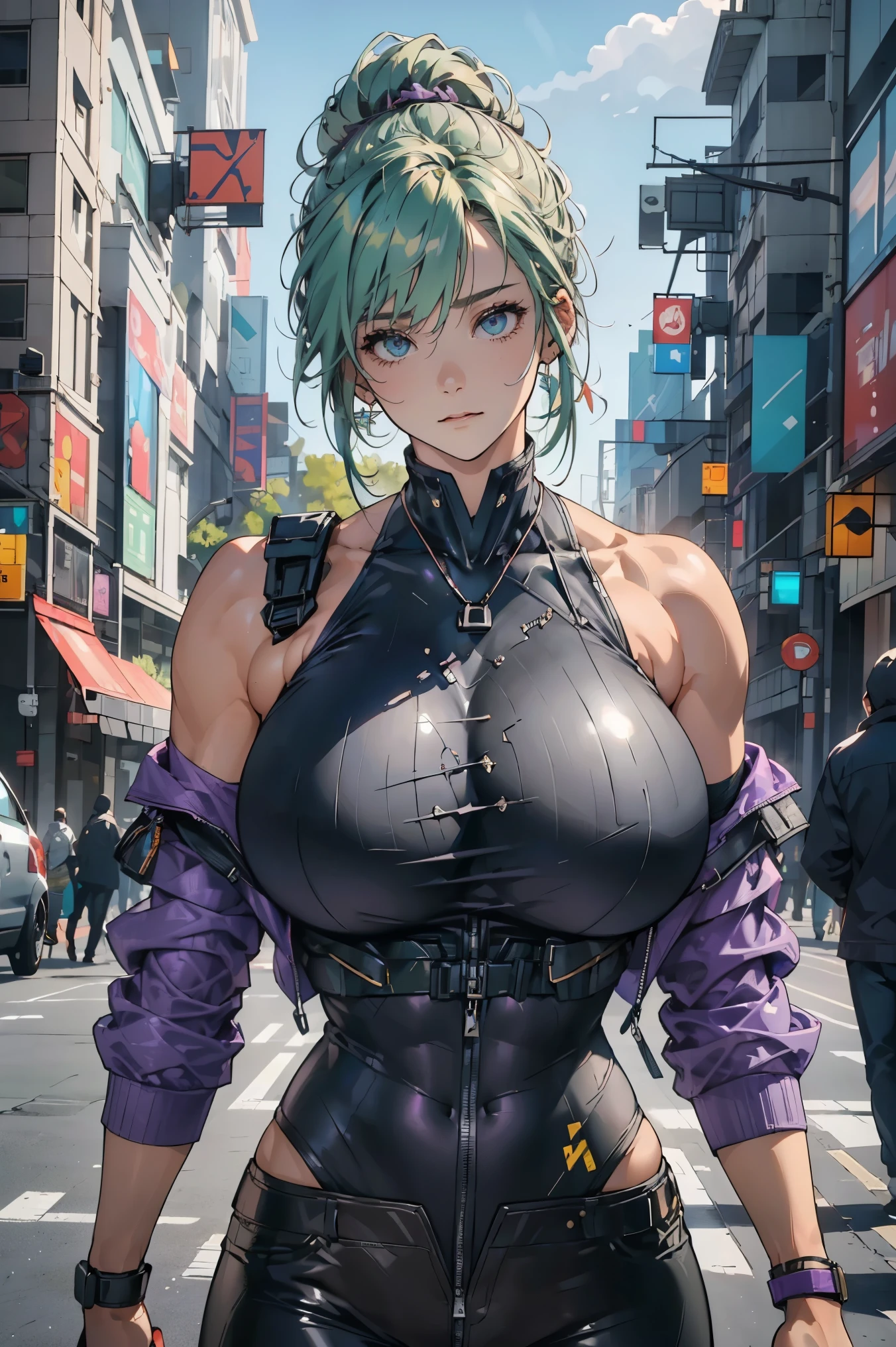 11:23(((Best quality: 1.4))),(An unrivalled masterpiece), (Ultra HD),(Ultra-realistic 8k CG)、（Light green hair） ((( Body))), (((1 girl))), 25-year-old American soldier with perfect Body,,Beautiful and neat face,muscular Body:1.2,Solid royal blue jacket with details, (Head to thigh pictures)， Complex equipment, Purple coat，trousers，The clothes inside are gray，Clothes with metal electronic parts,Tech Armor )huge , Crazy breast swelling, Chest larger than shoulder blades, Big breasts and thin waist，(huge breasts:1.2)，Hydrated skin（（rogue））（（非常huge乳房）），（（Grooves reveal original skin）)