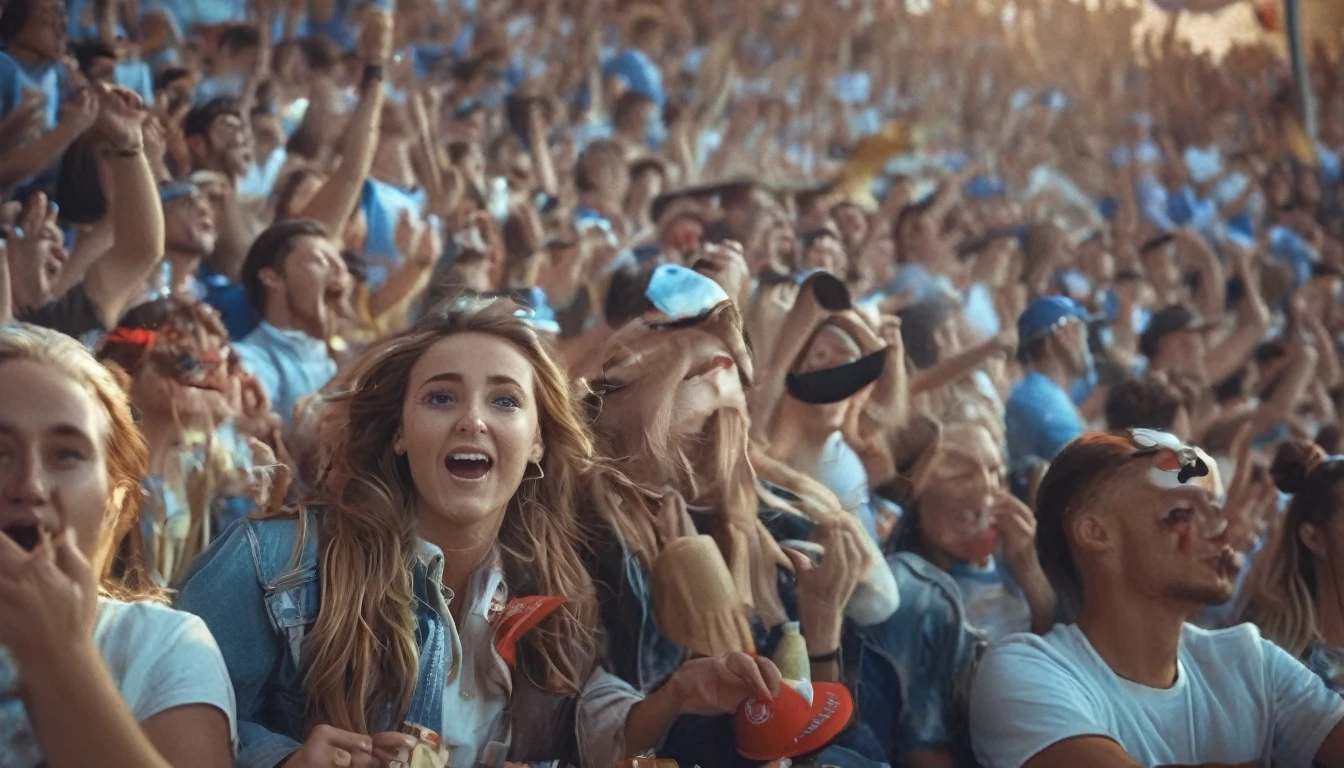 Photograph soccer fans cheering their team in the stadium, 50mm, cinematic epic 4k detailed photograph shot on kodak, 35mm, lomography, highly detailed