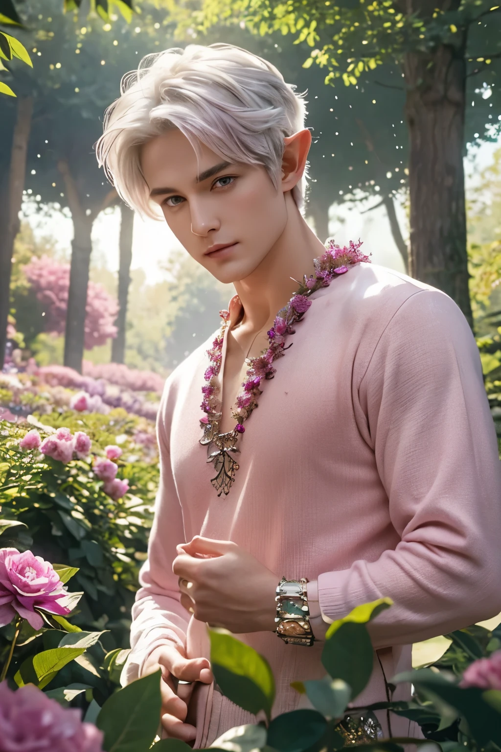 best quality,masterpiece,Ultra high detail,A handsome muscular fractal white hair forest elf druid prince, Short hair,,),(wearing pink and Magenta wardrobe with jewelry ),realistic, flower garden forest wonderland background, light environment , in action , 