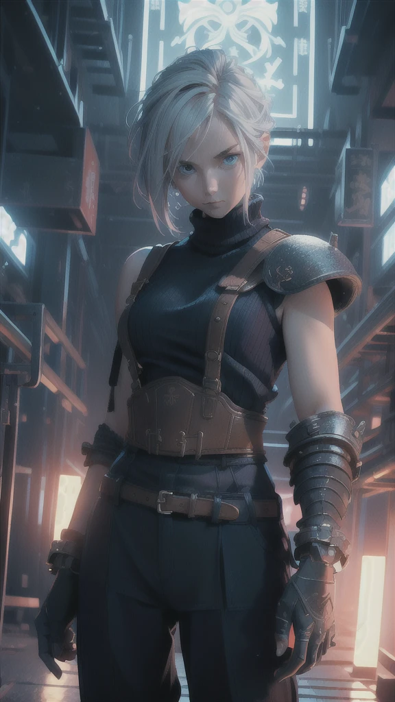 (masterpiece, best quality:1.2), expressive eyes, perfect face, highres, 1 girl, solo, (female:1.5), strife, short hair, shoulder armor, sleeveless turtleneck, suspenders, belt, gloves, bracer, standing, portrait, looking at viewer, White hair, Blue glowing eyes, holding a giant katana,