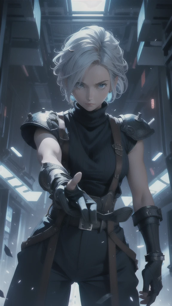 (masterpiece, best quality:1.2), expressive eyes, perfect face, highres, 1 girl, solo, (female:1.5), strife, short hair, shoulder armor, sleeveless turtleneck, suspenders, belt, gloves, bracer, standing, portrait, looking at viewer, White hair, Blue glowing eyes, holding a giant katana,