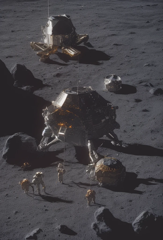 a futuristic scene of people on the moon, large lunar lander spacecraft in the background, dramatic lighting, cinematic composition, hyperrealistic, intricate details, vibrant colors, stunning atmosphere, science fiction, 8K, highly detailed, masterpiece