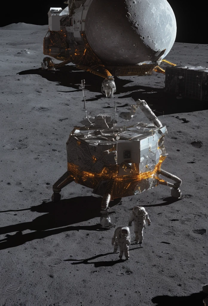 a futuristic scene of people on the moon, large lunar lander spacecraft in the background, dramatic lighting, cinematic composition, hyperrealistic, intricate details, vibrant colors, stunning atmosphere, science fiction, 8K, highly detailed, masterpiece