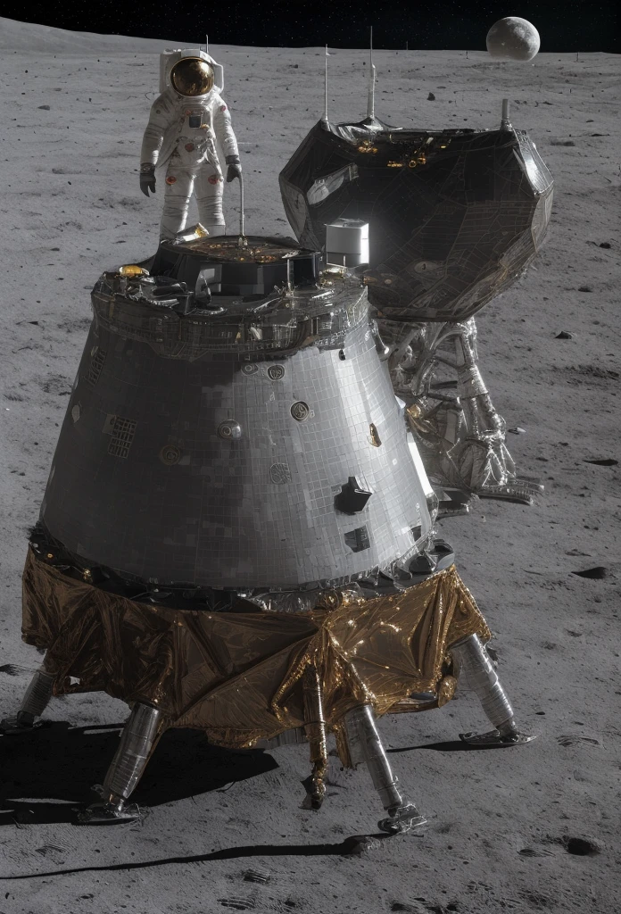 a futuristic scene of people on the moon, large lunar lander spacecraft in the background, dramatic lighting, cinematic composition, hyperrealistic, intricate details, vibrant colors, stunning atmosphere, science fiction, 8K, highly detailed, masterpiece