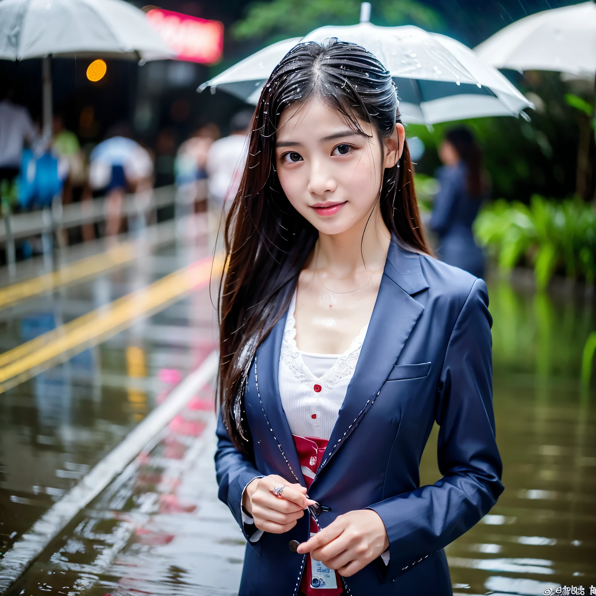 songkran,Wet roads , soaked through,drenched, Dripping, Wet Face,Wet clothes, Wet Skin, Wet Hair,A young woman with a cute face like an idol,chest,(((chestの谷間))),((business suit)),mini skirt,cling,RAW Photos,Genuine,Genuine,High resolution,RAW Photos,masterpiece, Genuineistic, beautiful