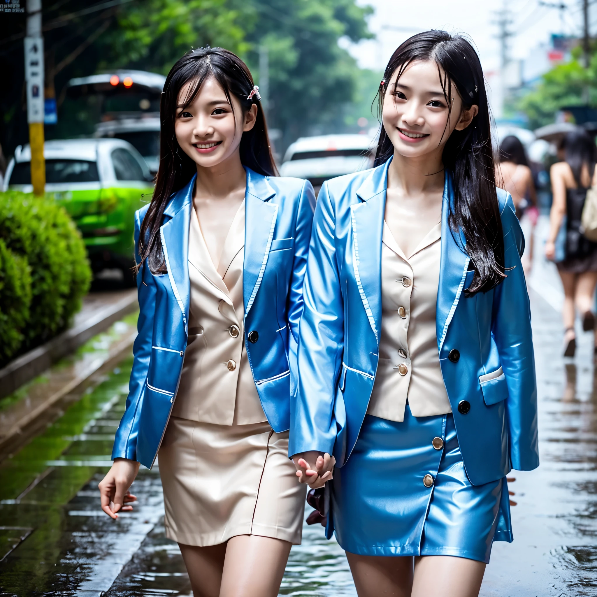 songkran,Wet roads , soaked through,drenched, Dripping, Wet Face,Wet clothes, Wet Skin, Wet Hair,A young woman with a cute face like an idol,chest,(((chestの谷間))),((business suit)),mini skirt,cling,RAW Photos,Genuine,Genuine,High resolution,RAW Photos,masterpiece, Genuineistic, beautiful