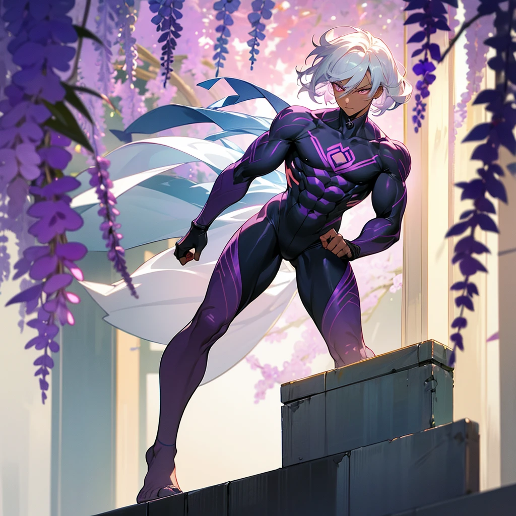 1male, young adult, dark skin, finely detailed plum eyes, wild medium hair, seashell white hair color, full body combat suit, standing on building, day time, tokyo streets, somber expression, muscular, tattoos, wisteria flowers, scars