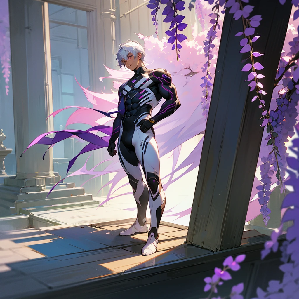 1male, young adult, dark skin, finely detailed plum eyes, wild medium hair, seashell white hair color, full body combat suit, standing on building, day time, tokyo streets, somber expression, muscular, tattoos, wisteria flowers, scars
