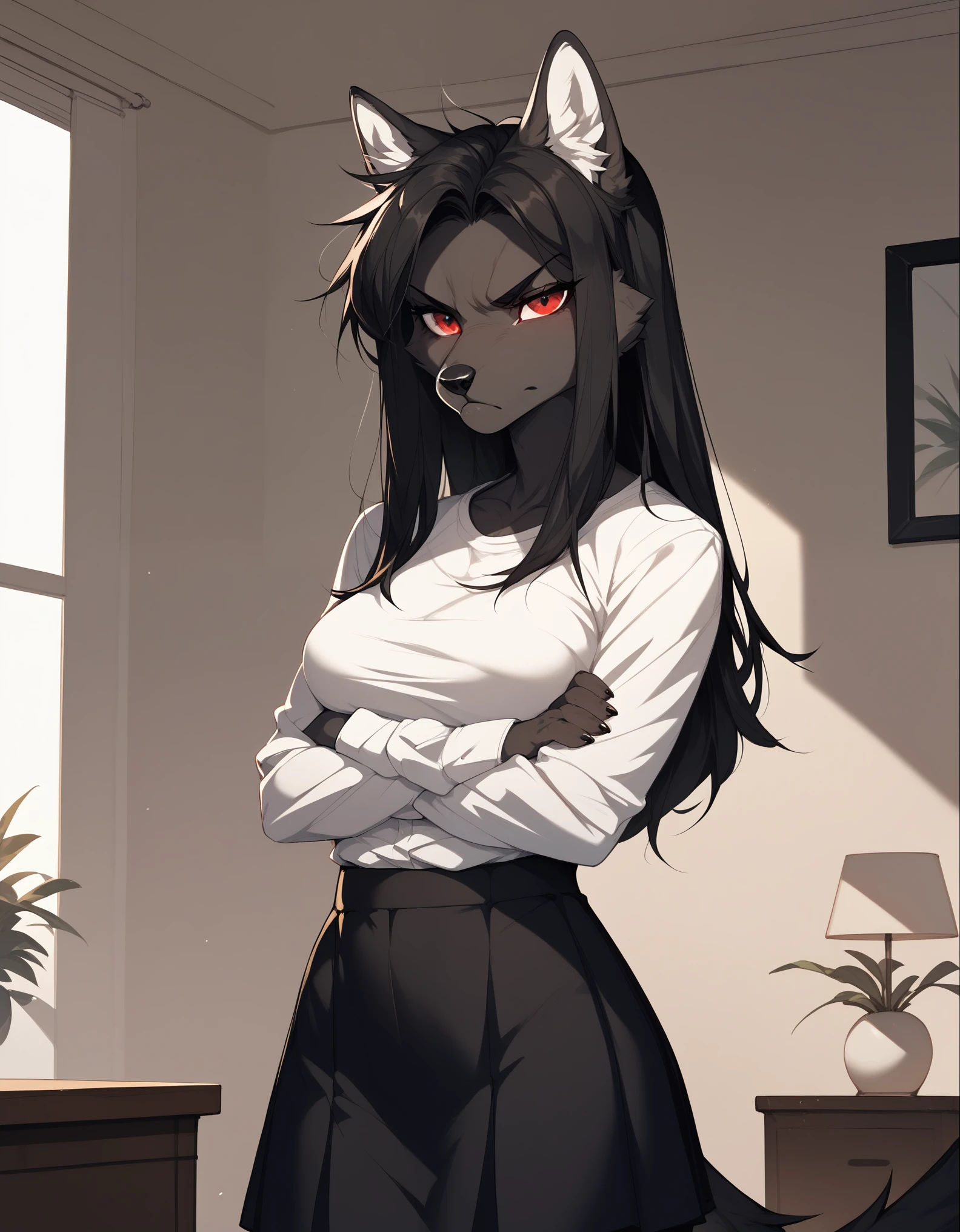 solo, score_9, score_8_up, score_7_up, Natasha, an anthro furry wolf girl, long black hair, straight hair, red eyes, cute snout, black nose, all dark grey furry body, tall, medium breasts, wearing white shirt, black short skirt, indoors, standing, indoors, serious expression, arms crossed\