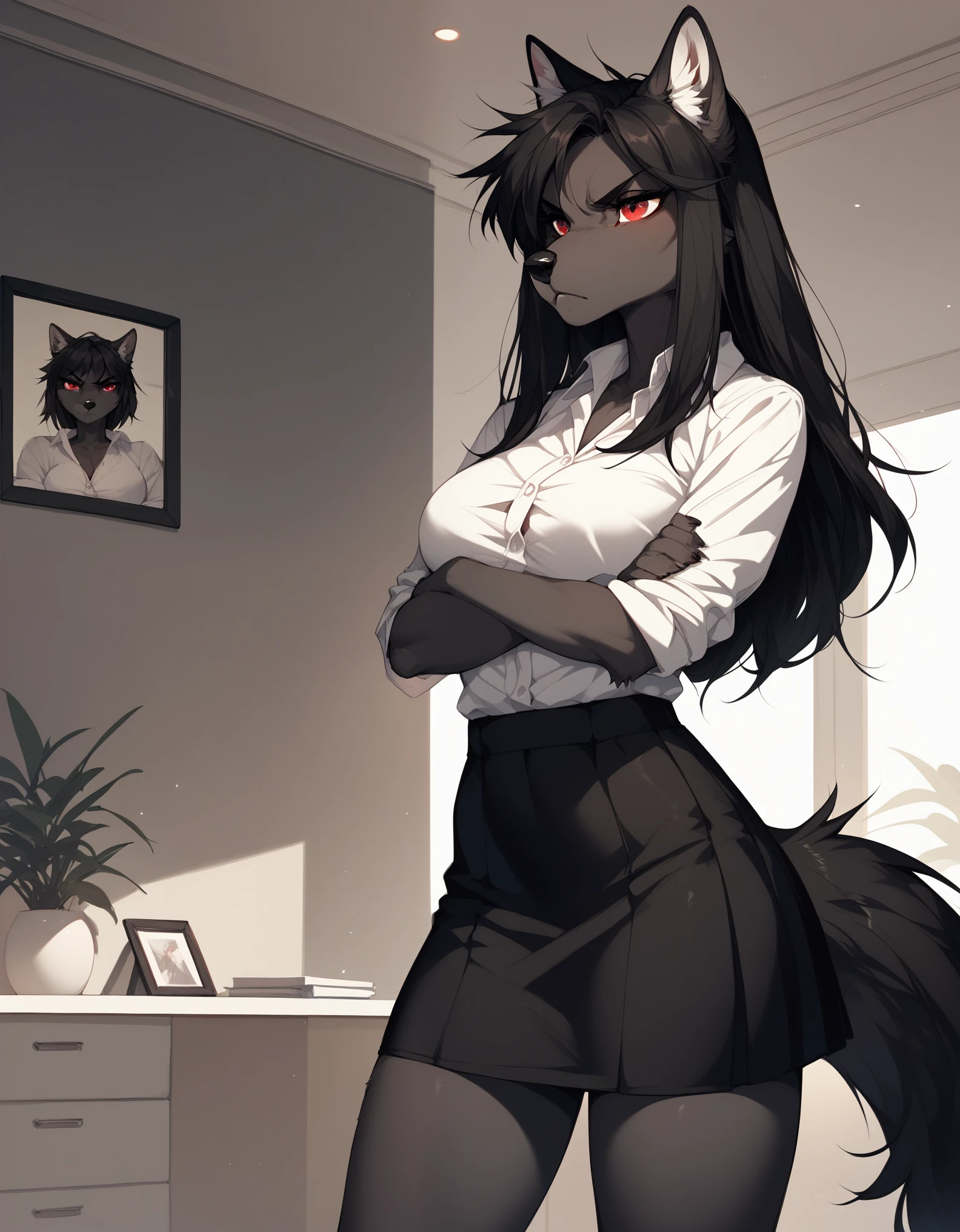 solo, score_9, score_8_up, score_7_up, Natasha, an anthro furry wolf girl, long black hair, straight hair, red eyes, cute snout, black nose, all dark grey furry body, tall, medium breasts, wearing white shirt, black short skirt, indoors, standing, indoors, serious expression, arms crossed\