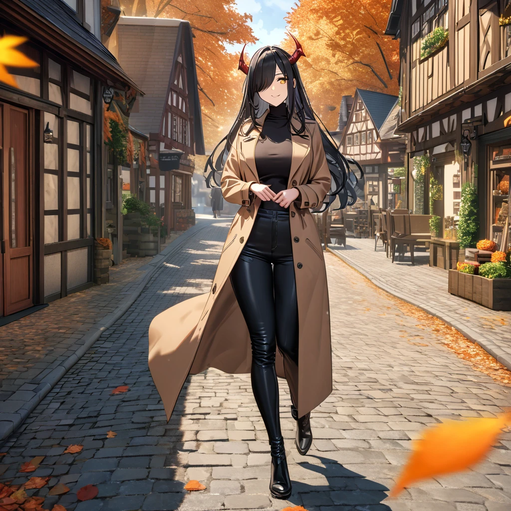 A woman wearing a long camel women's coat, black shirt, tight black pants, black leather boots, black hair, long hair, bangs covering one eye, yellow eyes, smiling, mature woman, red horn, walking on a sidewalk in a traditional German town in autumn weather, orange leaves by the road, daytime location.,UHD , work- prime, precise, anatomically correct, textured skin, super details, high quality, best quality, 8k, high resolution, bokeh effect. (woman solo)
