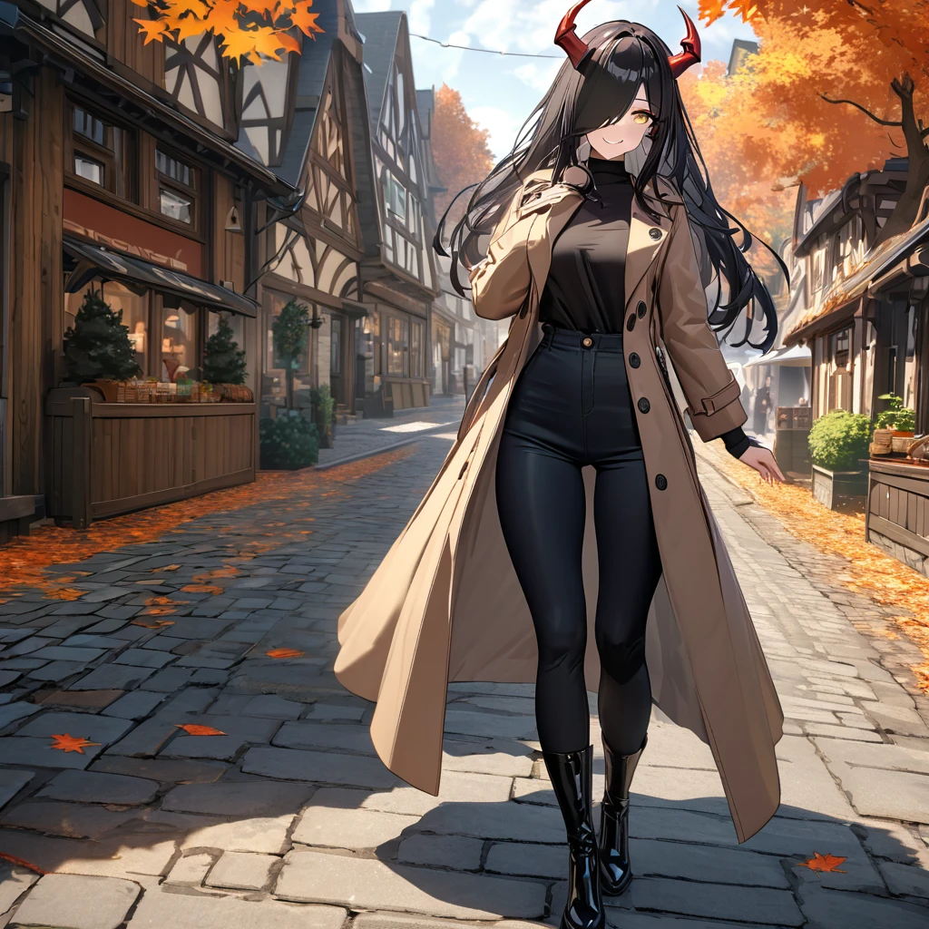 A woman wearing a long camel women's coat, black shirt, tight black pants, black leather boots, black hair, long hair, bangs covering one eye, yellow eyes, smiling, mature woman, red horn, walking on a sidewalk in a traditional German town in autumn weather, orange leaves by the road, daytime location.,UHD , work- prime, precise, anatomically correct, textured skin, super details, high quality, best quality, 8k, high resolution, bokeh effect. (woman solo)
