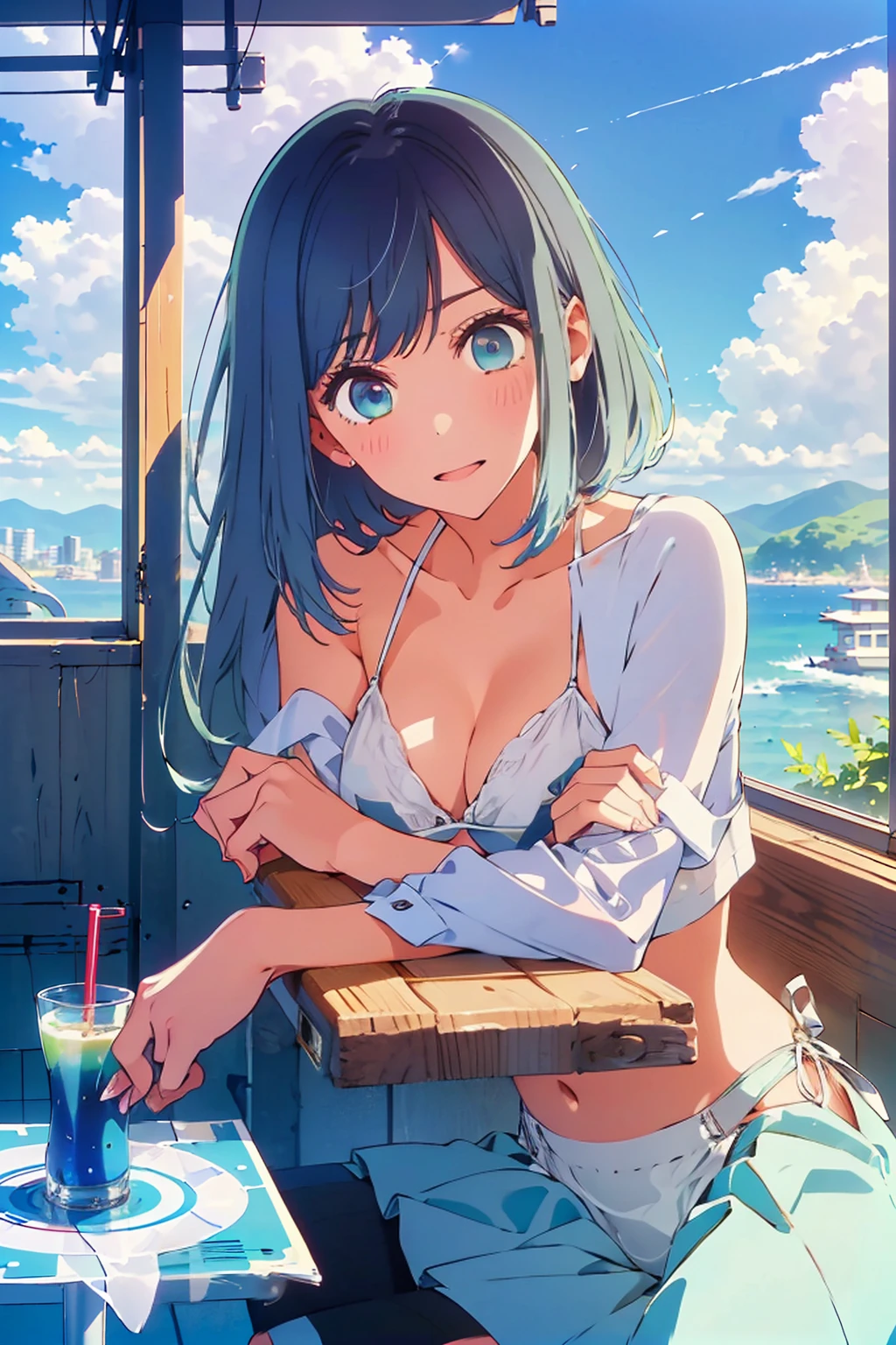 (Highest quality:1.4、8K:1.4、detailed)、F cup bust、Big Breasts、Slim body、Very white beautiful skin、((((1 person、Surprised expression、sit、Chair、In the background are the urban buildings of Tokyo、looking at the camera、Outdoor café terrace、coastal、Navy hair color、juice、White side string high leg bikini、Shooting up close、Shooting from an angle、table、Very cute face))))、(Cross your arms:1.4)、Very blue sky、A completely cloudless sky